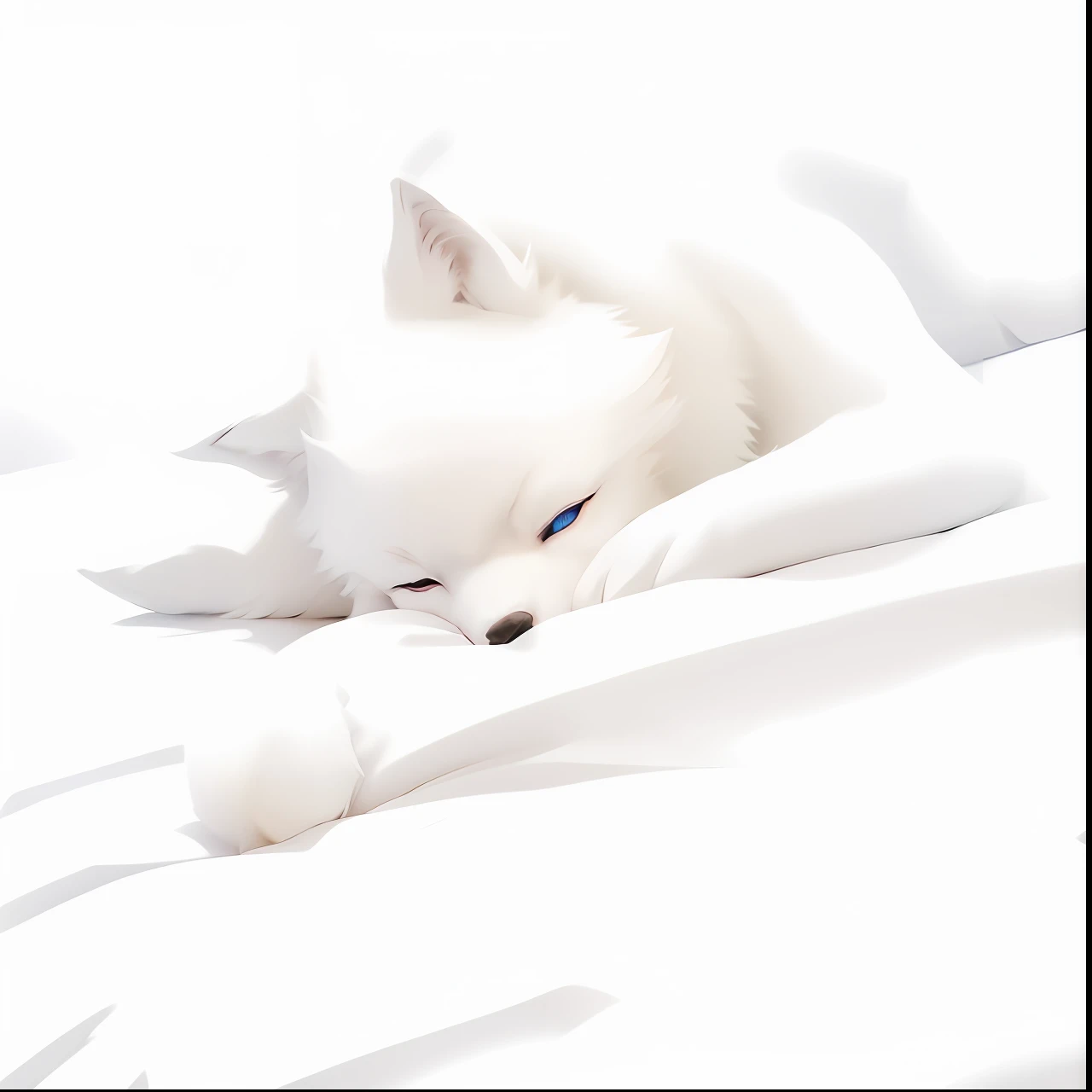 On the soft bed lay a white dog,The bed was covered with white sheets, White fox, white fox anime, White-haired fox, Vampire White Fox, ethereal fox, Soft anime illustration, White wolf, very very beautiful furry art, A white wolf, soft digital painting, White fur, white wolf with blue eyes, lovely digital painting, furry wolf, furry digital art,The eyes do not change