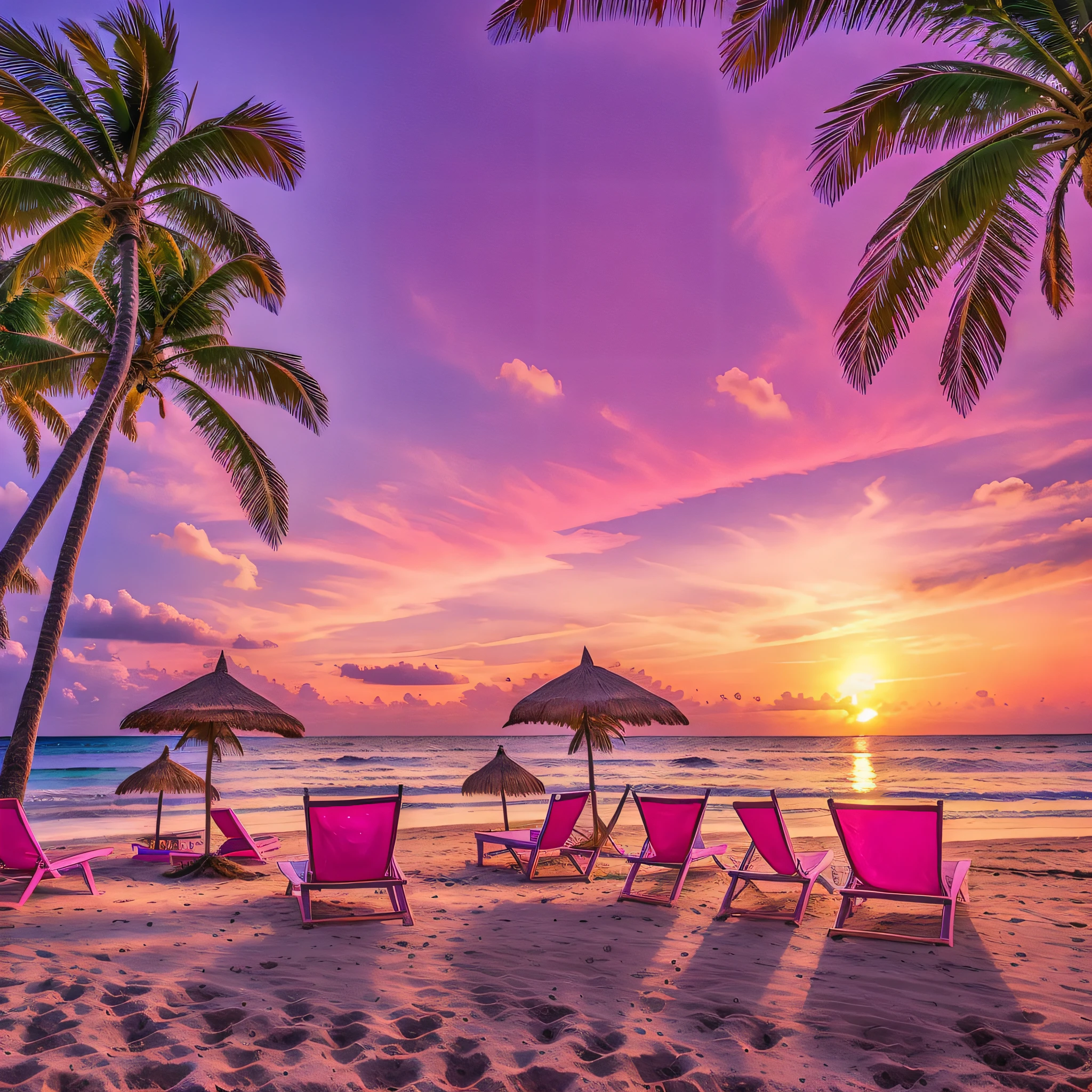 Stunning landscape, paradisiacal beach sunset and the sky of shock pink color, coconut trees in the background, beach chairs and umbrella of purple color,