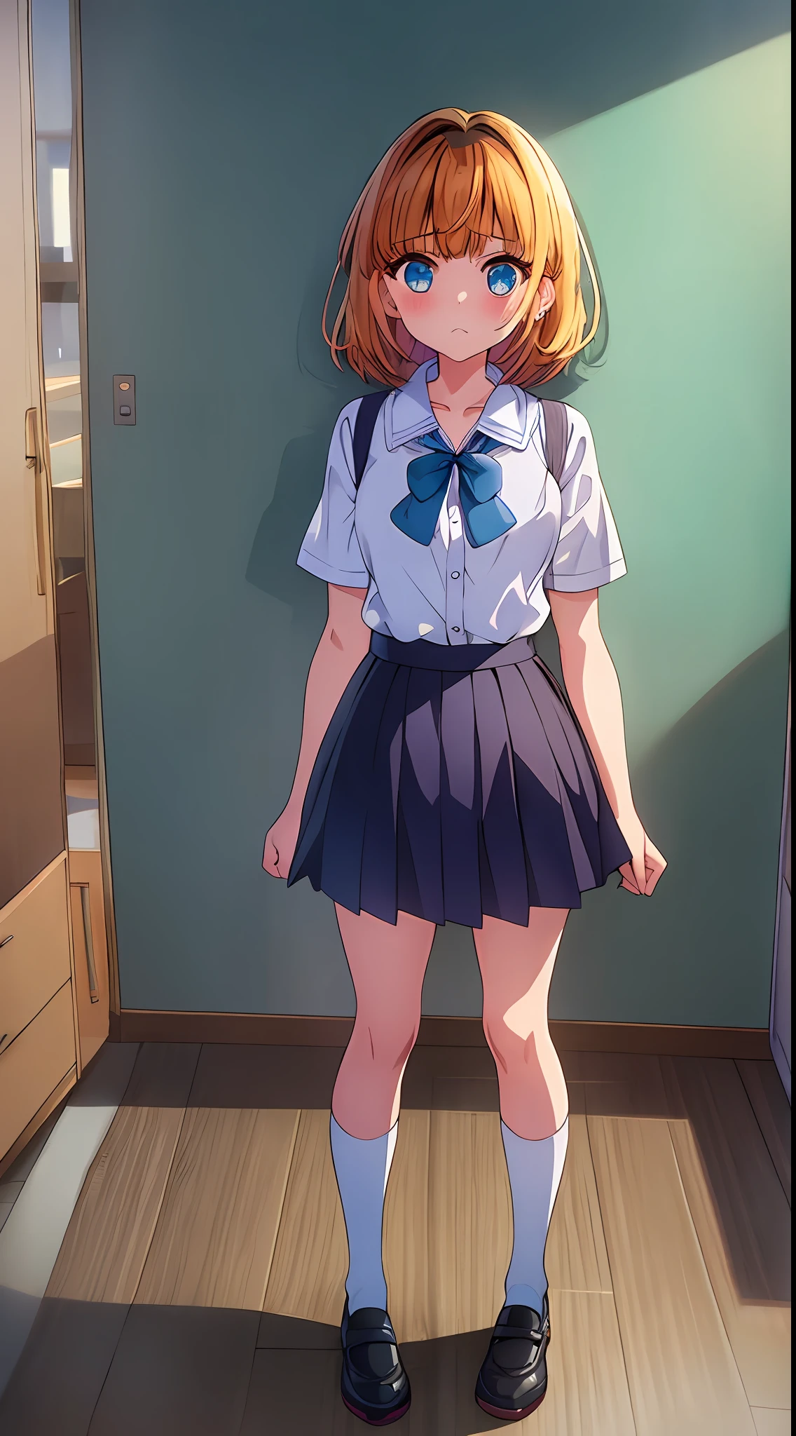 Full Body, Full Body Illustration, Best Illustration, ((Best Quality)), ((Masterpiece)), (Details: 1.4), Anatomical, Award-winning concept art, Beautiful, fine details, Portraits, Look at the Viewer, (Show Full Body), 1 Girl, Full Body, Solo, 6 years old, Elementary school student, Child actor, Golden and brown hair, Short hair, Blue and pink eyes, Big eyes, Undergarment, Panties, Skirt, White panties, Wet, Shirt, Wet Clothes, Skirt Lift, Blush, Classroom, Navel Out, Clothes Lift,Simple Background, Lift Yourself, White Shirt, Uniform, Look Away, Short Sleeves, Loli, Skinny, Elementary School, School Movie Last Scene Direction, Lolita, Child, Cute, Young Appearance, Fantastic Visual Depiction, Professional Effect, Beautiful Girl, Petite Girl, Transparent Clothes with Sweat, Unevenness, Absurdity,