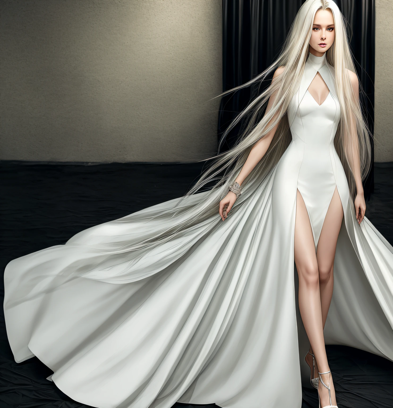 a beautiful woman, in her 20s, perfect face, perfect body, long platinum hair, wearing a long black dress with white details, black high heels, very beautiful, high definition, masterpiece