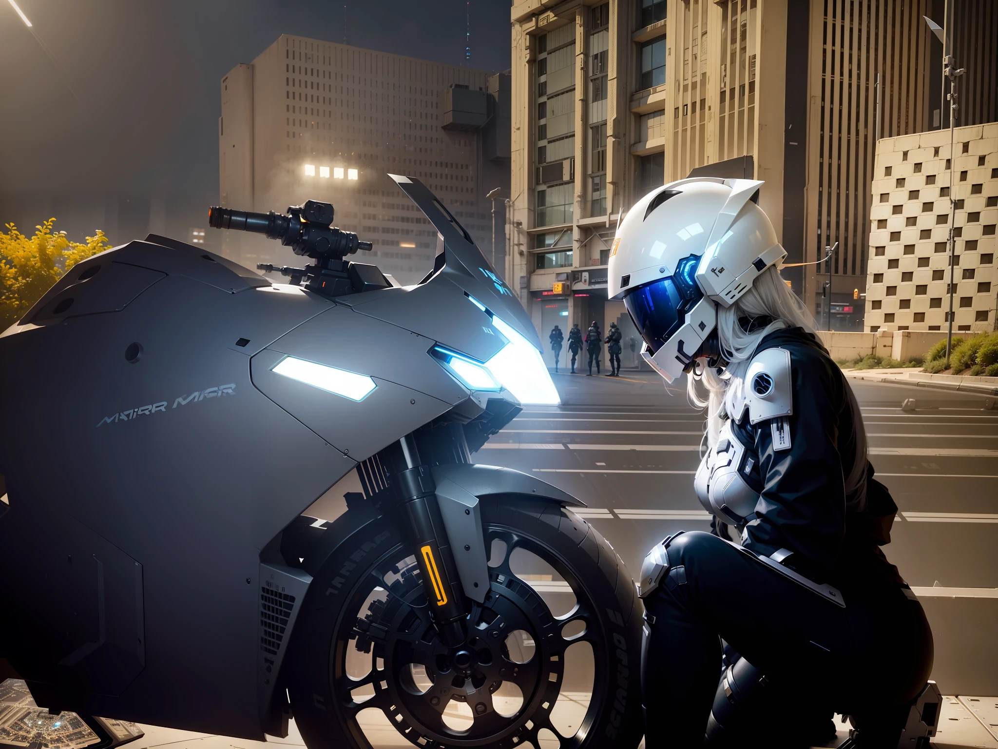 Cute cyberpunk female knight,long white hair,White mech costume,Sophisticated white tech helmet,Nousr, Biomechanicals, MSHN Robot Woman,High-tech helmet,hyper realisitc, Steel, Complex design, insanely details, finely detailled, Extremely clear lines, cinmatic lighting, photograph realistic, A detailed masterpiece