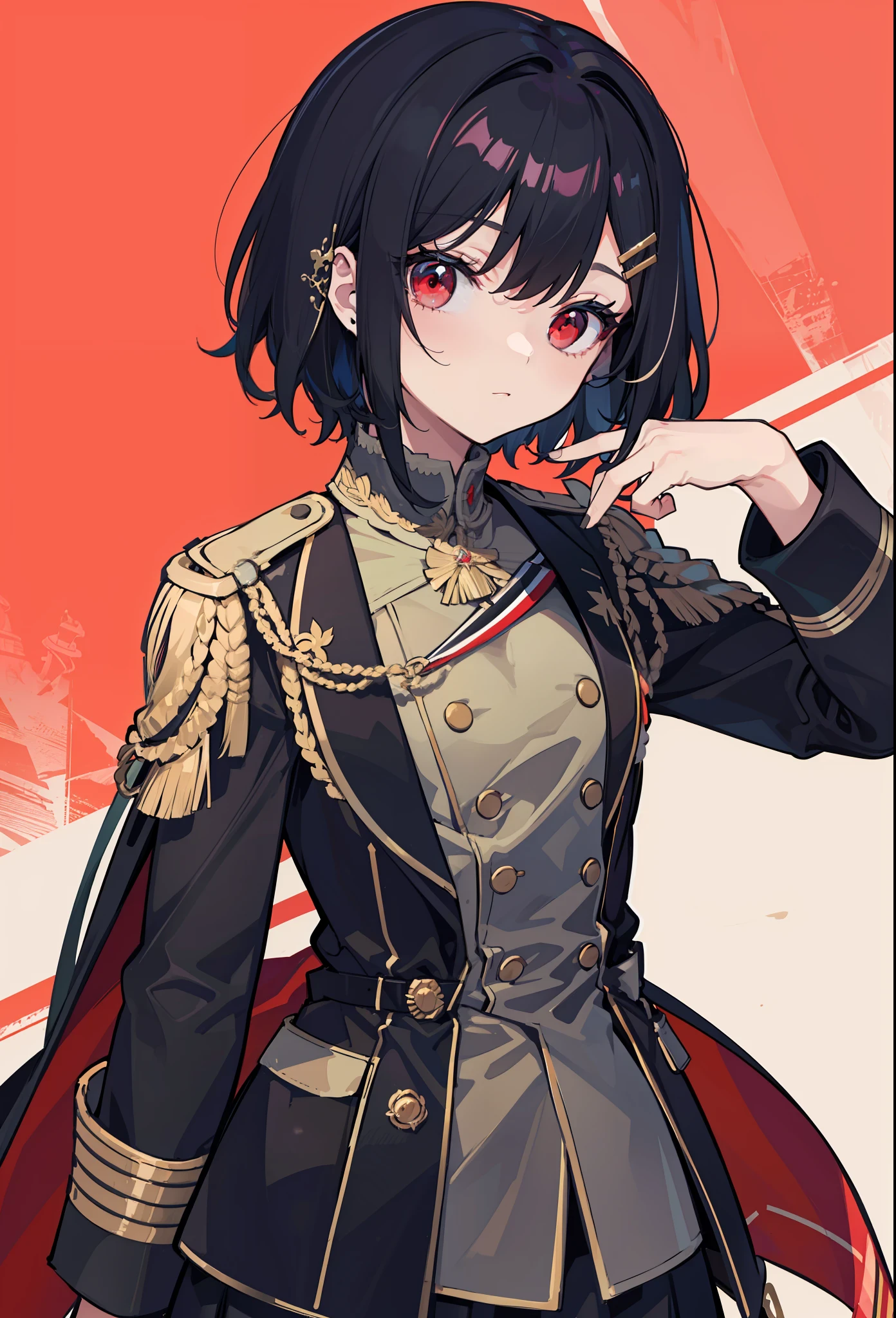 Short hair, Black hair, Flat chest, 1girll, Red eyes,teens girl,hair pin,Solo, Morning,full bodyesbian, A high resolution,(Prussian military uniform)