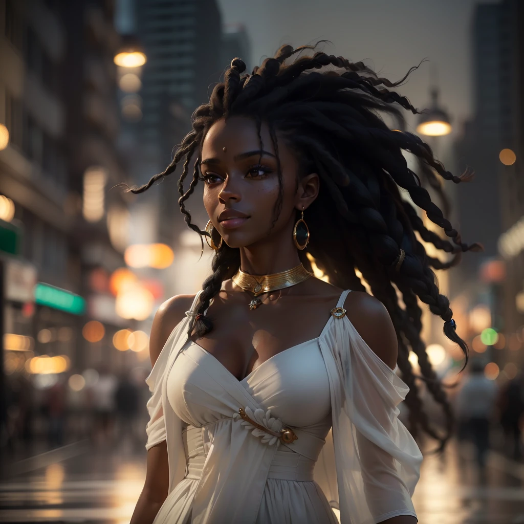 (
(Character: one Braziliant woman, 20 years old, Artis, dark skin, black skin, smile, black hair, mega hair, dreadlocks:1.3)
(Clothing: white elegant dress, golden collars)
(Pose: upper body shot:1.7, dynamic pose)
(blurry, intense urban lights in background, white color scheme:1.3)
(Style: ((masterpiece:1.5)), (face detailed), photo-realistic:1.3, hyperrealistic, film grain, realistic lighting)