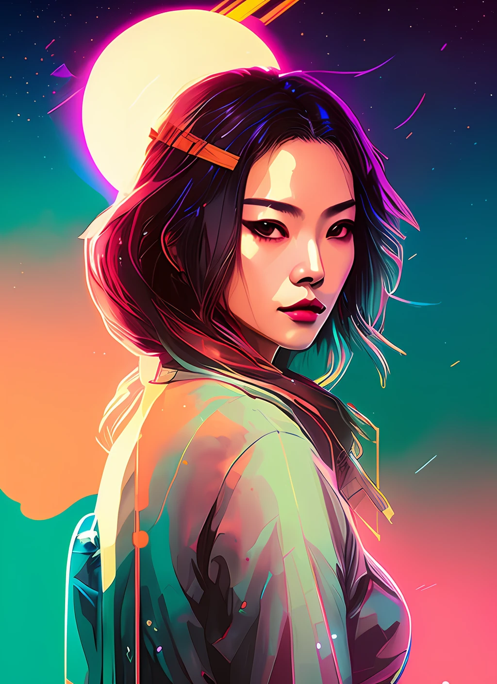 Asiatic woman, samurai,ciberpunk, mecanoide,(estilo snthwve:1) (nvinkpunk:0.7) Beautiful Drunk Woman as Sandman's Delusion, (hallucinating colorful soap bubbles), de jeremy mann, de sandra chevrier, de dave mckean e richard avedon e maciej kuciara, punk rock, tank girl, alto detalhe, 8k, foco nítido, natural  lightting, subsurface scatter, f2, 35mm, grain of film