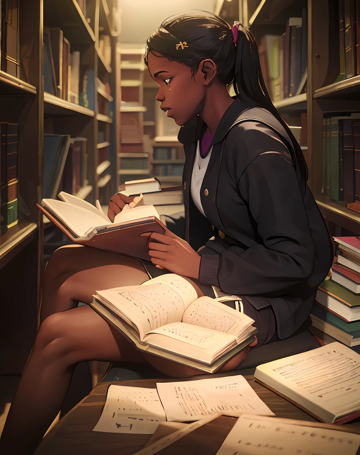 (A 16-year-old black girl studying books about navigation sitting on the floor of a library in a dark environment).