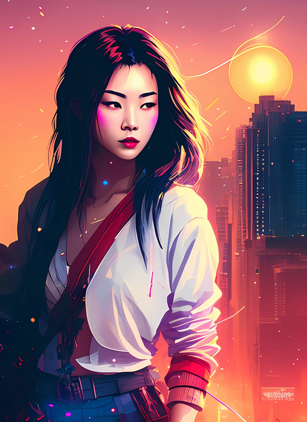 Asiatic woman, samurai,ciberpunk, mecanoide,(estilo snthwve:1) (nvinkpunk:0.7) Beautiful Drunk Woman as Sandman's Delusion, (hallucinating colorful soap bubbles), de jeremy mann, de sandra chevrier, de dave mckean e richard avedon e maciej kuciara, punk rock, tank girl, alto detalhe, 8k, foco nítido, natural  lightting, subsurface scatter, f2, 35mm, grain of film