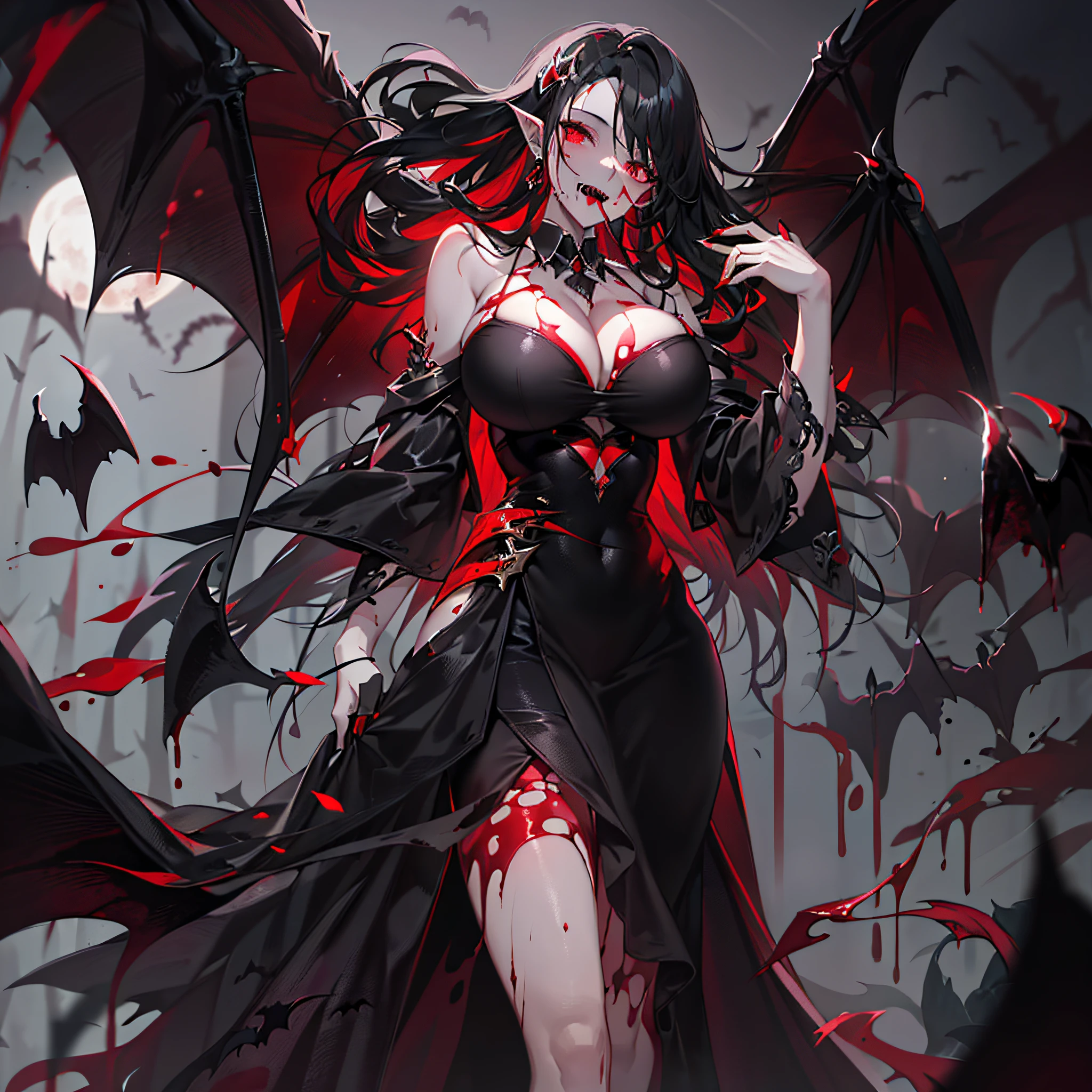 masterpiece++, best quality++, ultra-definition++, ultra-definition++, 4k++, 8k++, (background focus)++, ((night))++, ((red full moon))++, ((dress ))++, (red and black dress), ((a large number of bats flying around the mature woman))++ extremely detailed, ((bewitching mature woman)), ((right hand stretches horizontally) +, (left hand on hip)+, ((vampire's black wings and long ears))++, ((vampire's white fangs visible from mouth))++, (long red and black dress), ((bare legs visible from red and black dress))++, (red high heels)+, (((red blood dripping from mouth)))+++, no sleeves, (super shiny hair and skin ), (black hair)), (bloody red eyes)+, (sharp eyes)+, pale skin, long hair, (straight hair), (red moonlight), (bare shoulders), (bare back) )+, ((red and black dress))++, ((beautiful)), (huge breasts_body:1.5), (huge breasts_boobs:1.5), muscular girl with clearly visible abs and muscles, red blood body dripping, cleavage, lively, cleansing shaving, firm abs, muscular thighs, bizarre smile, piercing eyes, perfect hands, perfect nose, black hair, long dress, (red body dripping blood), dark atmosphere, (wet effect)+, (light effect), (cinematic light)+, (light cinematic)+