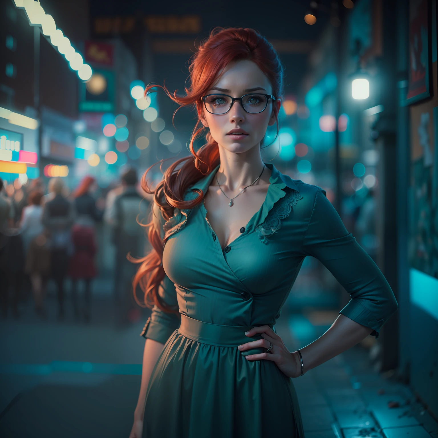 (
(Character: one irish woman, (40 years old), red hair, long ponytail hair)
(Clothing: cyan vintage dress, pantyhose, high heels boots, glasses)
(Pose: upper body shot:1.7, dynamic pose)
(blurry, intense urban lights in background, cyan color scheme:1.3)
(Style: ((masterpiece:1.5)), (face detailed), photo-realistic:1.3, hyperrealistic, film grain, realistic lighting)