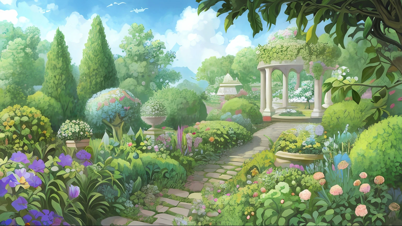 There is a painting of a garden，Inside there are flowers and a gazebo, royal garden background, Garden background, Anime background art, background artwork, arte de fundo, Realistic garden, floral environment, palace background, Detailed scenery —width 672, landscape artwork, Park background, scenery art detailed, Garden landscape, royal garden landscape, Anime landscape concept art, garden environment