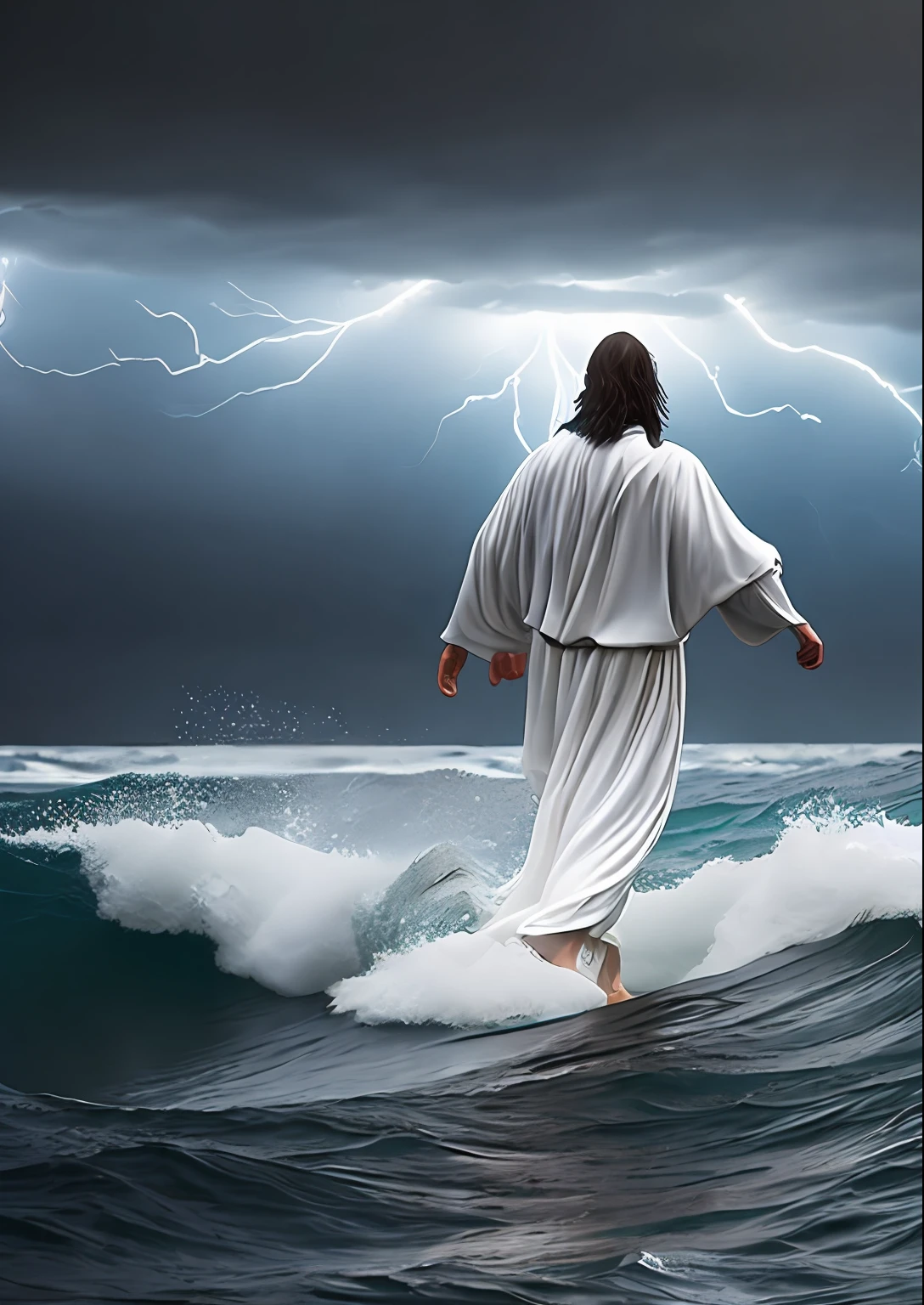 Jesus Christ walking on water in a storm, white robes, waves, soft expression, dark sky with lightning, lightning, photo realism, masterpiece, high quality, high quality, highly detailed CG unit 8k wallpaper, award-winning photos, bokeh, depth of field, HDR, bloom, chromatic aberration, realistic, very detailed, trend in CGsociety, complex, high detail, dramatic, volumetric lighting