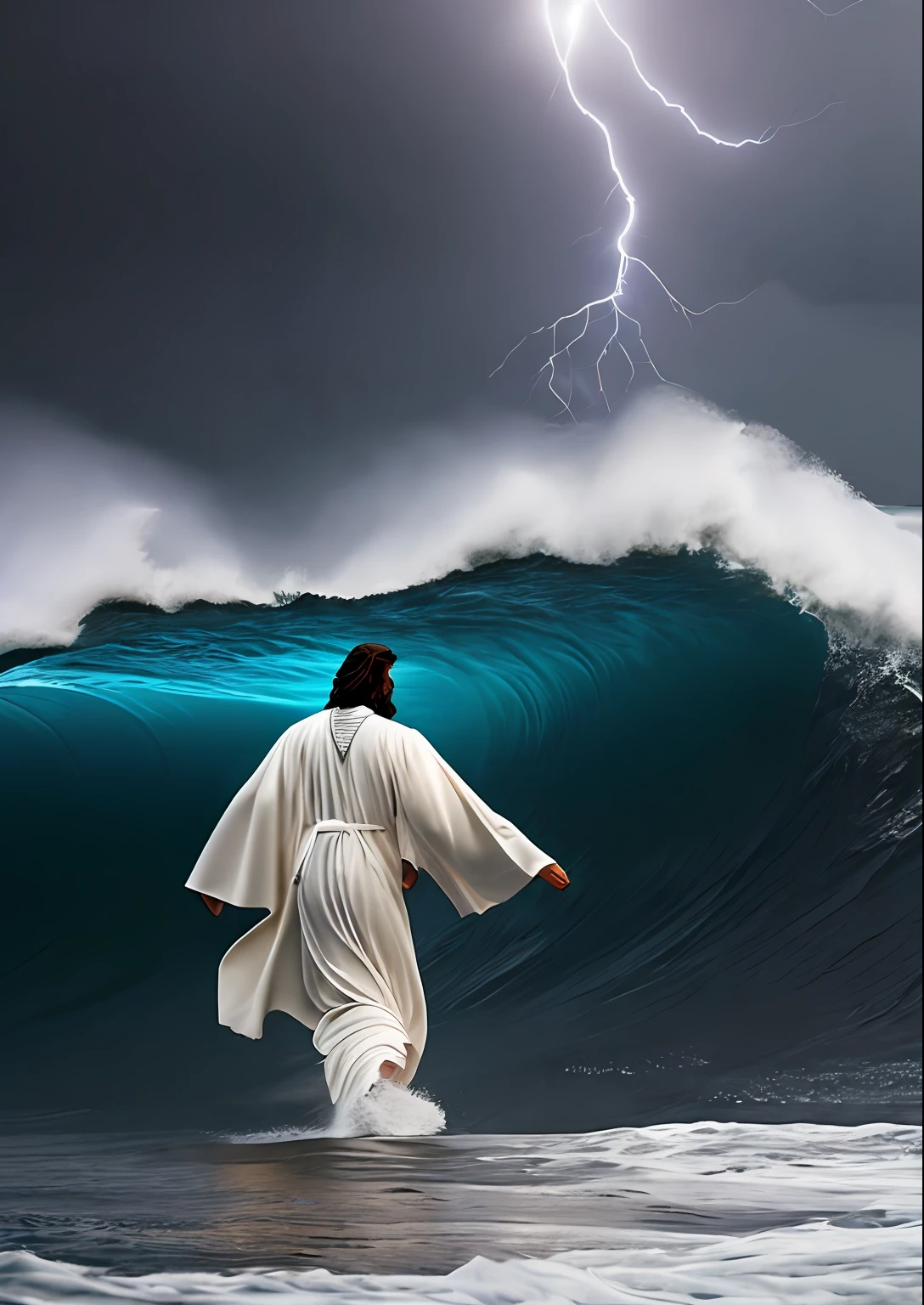 Jesus Christ walking on water in a storm, white robes, waves, soft expression, dark sky with lightning, lightning, photo realism, masterpiece, high quality, high quality, highly detailed CG unit 8k wallpaper, award-winning photos, bokeh, depth of field, HDR, bloom, chromatic aberration, realistic, very detailed, trend in CGsociety, complex, high detail, dramatic, volumetric lighting