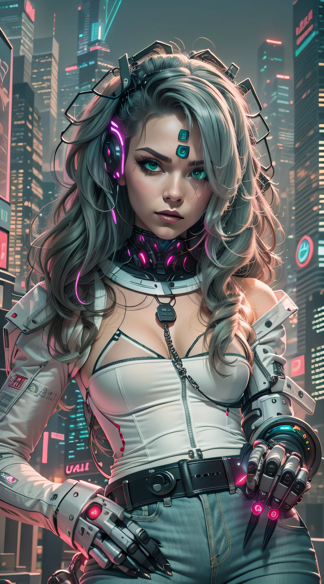 Uma garota cyberpunk com cabelo rosa curto e espetado, bright green eyes and a circuit tattoo on the neck. Ela usa um casaco de couro preto com detalhes em neon, uma blusa branca rasgada, a pair of grey jeans and black boots. She has a bionic arm with metal claws and a neural interface implant in her right temple. She holds a laser pistol in her left hand and a holographic device in her right hand. She's on a busy street in a futuristic city, surrounded by tall buildings, telas gigantes, carros voadores e pessoas de diferentes estilos e etnias. She has a confident and defiant expression, como se estivesse pronta para enfrentar qualquer perigo.