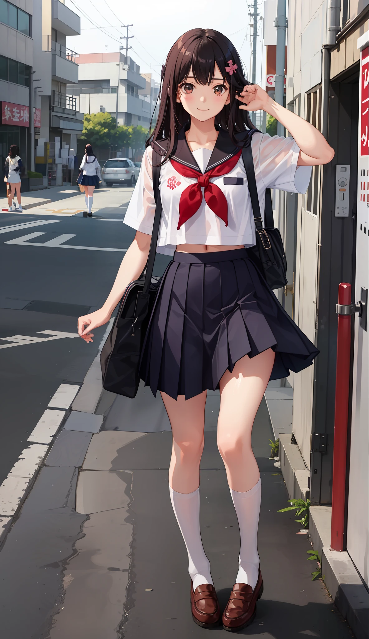 1girl in、A smile、The shirt、skirt by the、(small tits)Chilarism、Japan High School Student Uniform、serafuku、summer clothing、Squall Drenched Uniform、(Sheer Bra)、Upper body portrait、