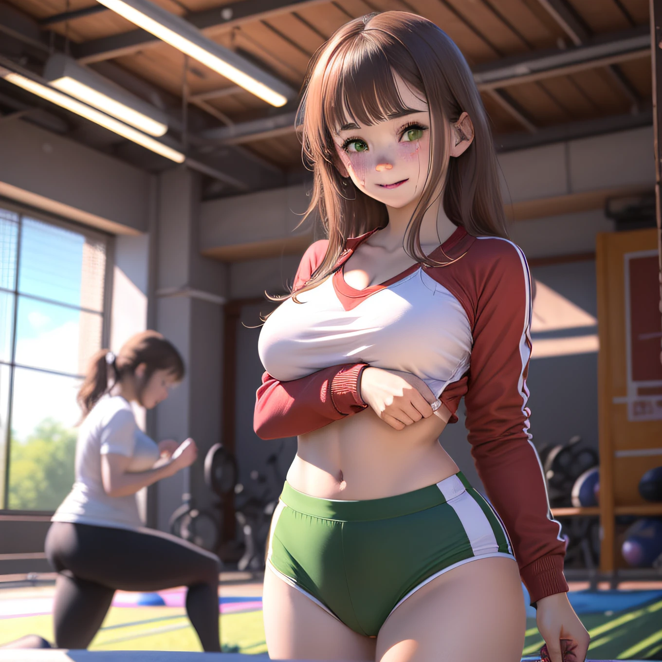 short girl, loli, big breasts, brown hair, with straight bangs above her eyes, green eyes, wearing Japanese gym clothes, wet with sweat, revealing her breasts, big breasts, she is sweaty, mischievous smile, embarrassed, standing, viewer's perspective, perfect anatomy, perfect hands, perfect feet, no extra limbs, cute face, masterpiece, 2k quality, background should be blurred, girls in school gym uniform exercising in the background, she is on the school sports field.