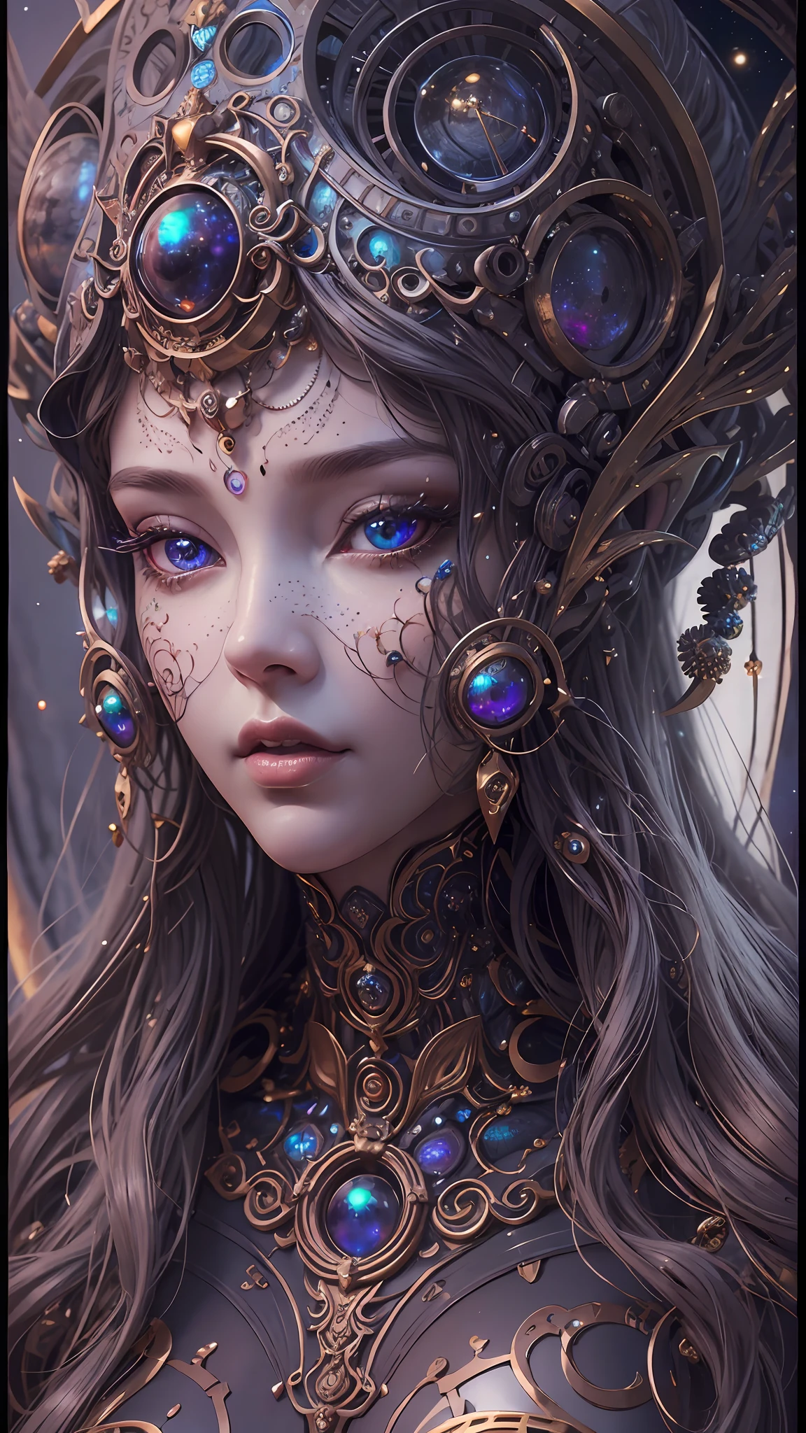 (best qualtiy,ultra - detailed,Most Best Illustration,Best shadow,tmasterpiece,A high resolution,professionalartwork,famousartwork),Detailed eyes,beautidful eyes,closeup cleavage,sci-fy,colored sclera,Robot eyes,face markings,Tattooed with,(fractalized,Fractal eyes),largeeyes,Wide eyes,(Eye focus),sface focus,Cosmic eyes,Space eyes,Close-up of metal sculpture of a woman with a moon in her hair,goddes。extremly high detail,3 d goddess portrait,Extremely detailed footage of the goddess,a stunning portrait of a goddess,Side image of the goddess,portrait of a beautiful goddess,Full body close-up portrait of the goddess,hecate goddess,portrait of a norse moon goddess,goddess of space and time