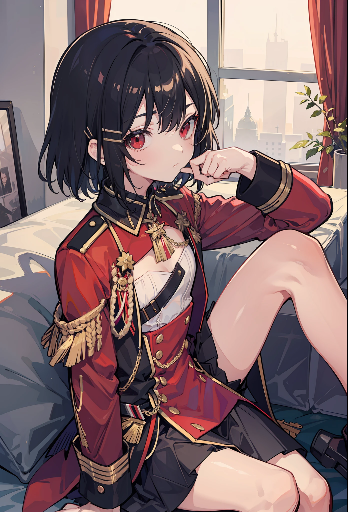 Short hair, Black hair, Flat chest, 1girll, Red eyes,teens girl,hair pin,Solo, Morning,full bodyesbian, A high resolution,(Prussian military uniform)