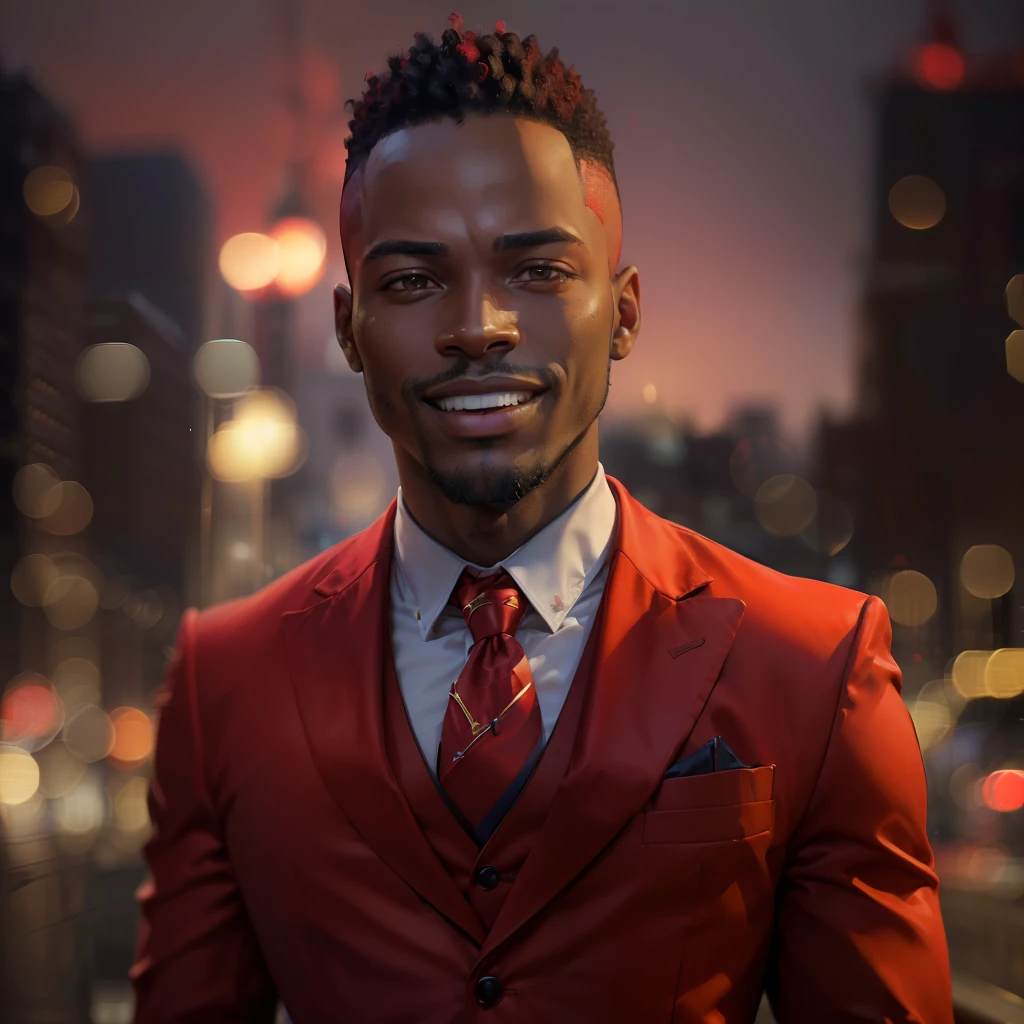 (
(Character: one Nigerian man, 30 years old, Diplomat, big smile, slim body)
(Clothing: red fine suit, vest)
(Pose: upper body shot:1.7, dynamic pose)
(blurry, intense urban lights in background, red color scheme:1.3)
(Style: ((masterpiece:1.5)), (face detailed), photo-realistic:1.3, hyperrealistic, film grain, realistic lighting)
