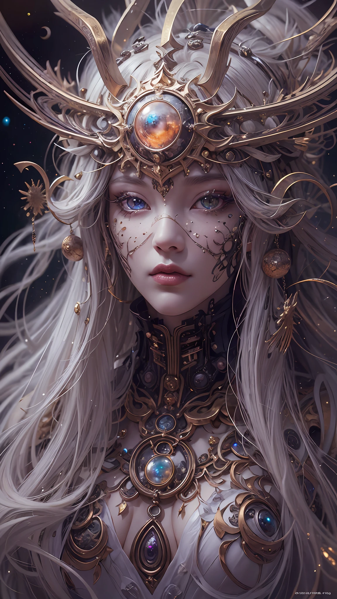 (best qualtiy,ultra - detailed,Most Best Illustration,Best shadow,tmasterpiece,A high resolution,professionalartwork,famousartwork),Detailed eyes,beautidful eyes,closeup cleavage,sci-fy,colored sclera,Robot eyes,face markings,Tattooed with,(fractalized,Fractal eyes),largeeyes,Wide eyes,(Eye focus),sface focus,Cosmic eyes,Space eyes,Close-up of metal sculpture of a woman with a moon in her hair,goddes。extremly high detail,3 d goddess portrait,Extremely detailed footage of the goddess,a stunning portrait of a goddess,Side image of the goddess,portrait of a beautiful goddess,Full body close-up portrait of the goddess,hecate goddess,portrait of a norse moon goddess,goddess of space and time