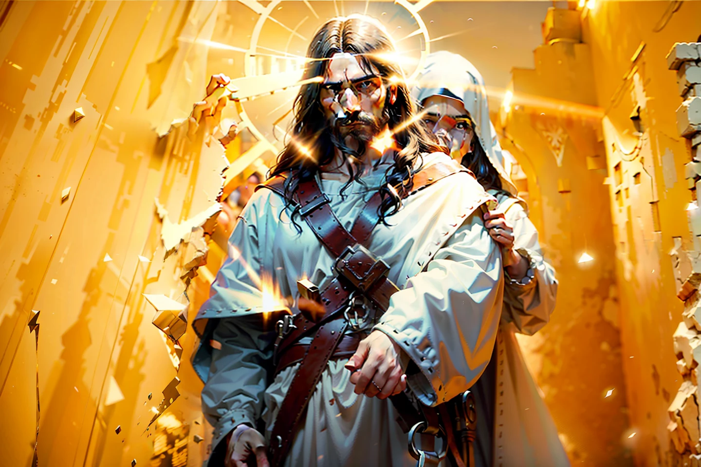 Jesus Christ, Jesus Christ of Nazareth. High detail, social realism, surrealism, depth of field, cinematic lighting, chromatic aberration, blurry, reflection light, ray tracing, JPEG artifacts, shadow, super detail, high detail, high quality, best quality, 16k