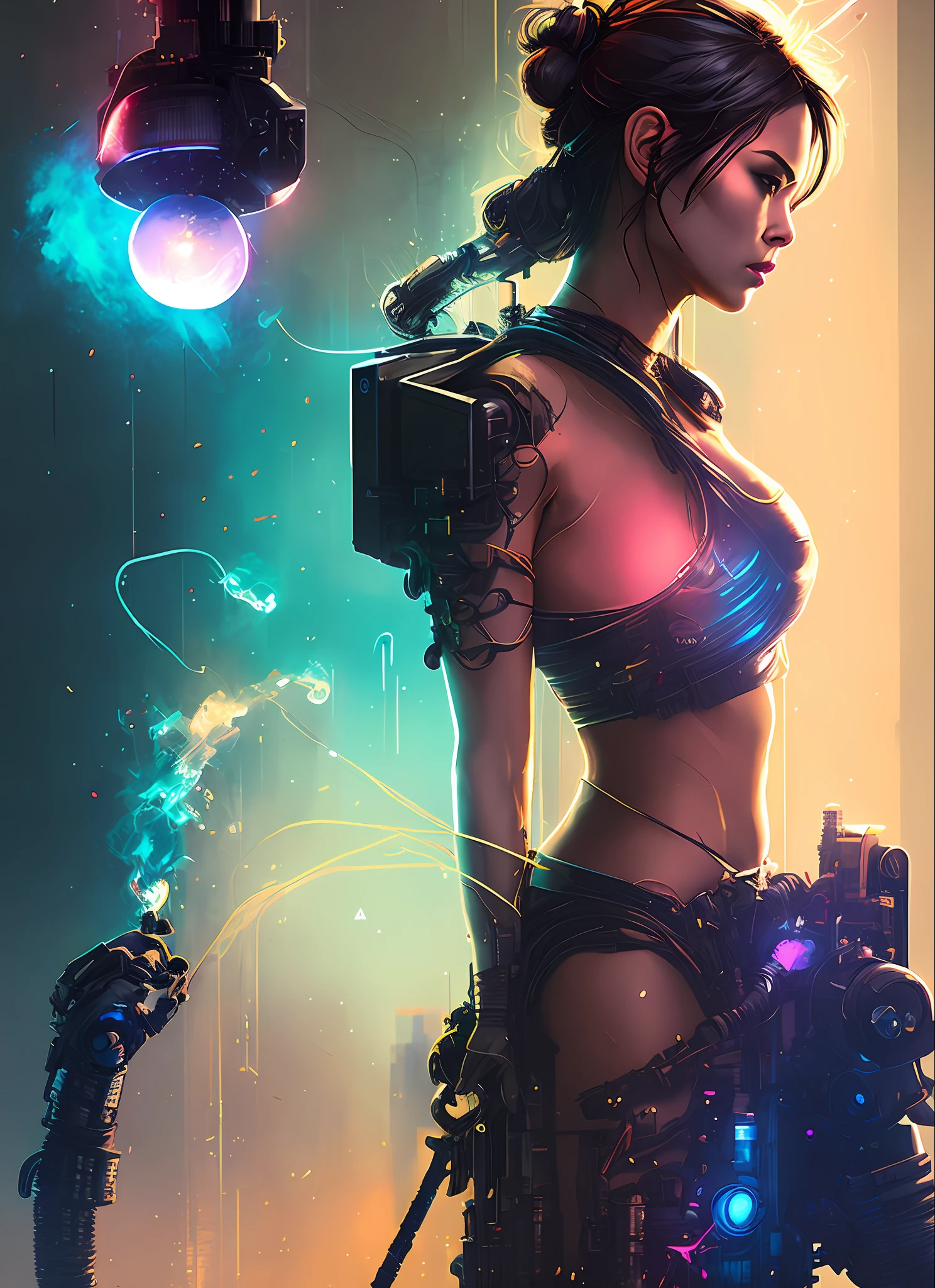 Asiatic woman, ciberpunk, Robotic Parts, espadachim, samurai, chovendo, mascarada, cabelos longos, chamas, armadura, mercenaria, (estilo snthwve:1) (nvinkpunk:0.7) Beautiful Drunk Woman as Sandman's Delusion, (hallucinating colorful soap bubbles), de jeremy mann, de sandra chevrier, de dave mckean e richard avedon e maciej kuciara, punk rock, tank girl, alto detalhe, 8k, foco nítido, natural  lightting, subsurface scatter, f2, 35mm, grain of film
