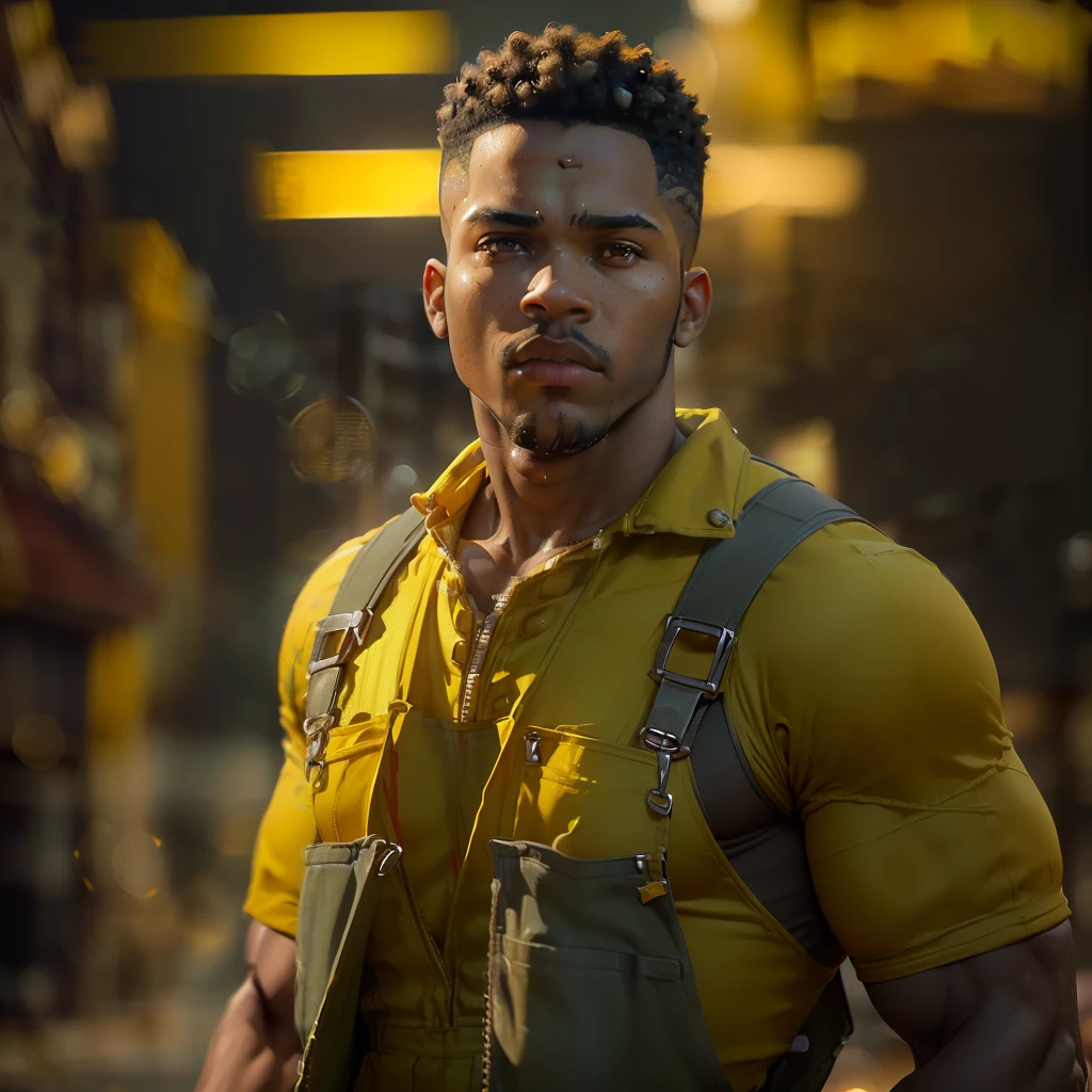 ( 
    (Character: one afro-american man, military, short hair, (athletic body)) 
    (Clothing:  yellow mechanic overalls)
    (Pose: upper body shot:1.7, dynamic pose)
    (blurry, intense urban lights in background, yellow color scheme:1.3) 
    (Style: ((masterpiece:1.5)), (face detailed), photo-realistic:1.3, hyperrealistic, film grain, realistic lighting)