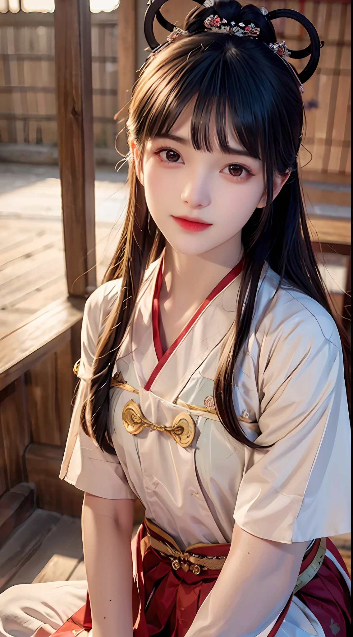 JK girl, girl wearing Japanese girls' school uniform, 8K, very high image quality, film texture, realistic, eating Japanese food, Japanese background, depth of field, tatami room, warm lighting, bow on chest, bangs, long hair over the shoulder, (playful eyes), double eyelids, deepening of the tail of the eyes, lying silkworm, bracelet on the wrist, scarlet lips, sparkling lips with texture, fine skin texture, brown sparkling pupils, (((eyes looking at the camera)))), slender fingers, ((round face)), ( ((small lips)))