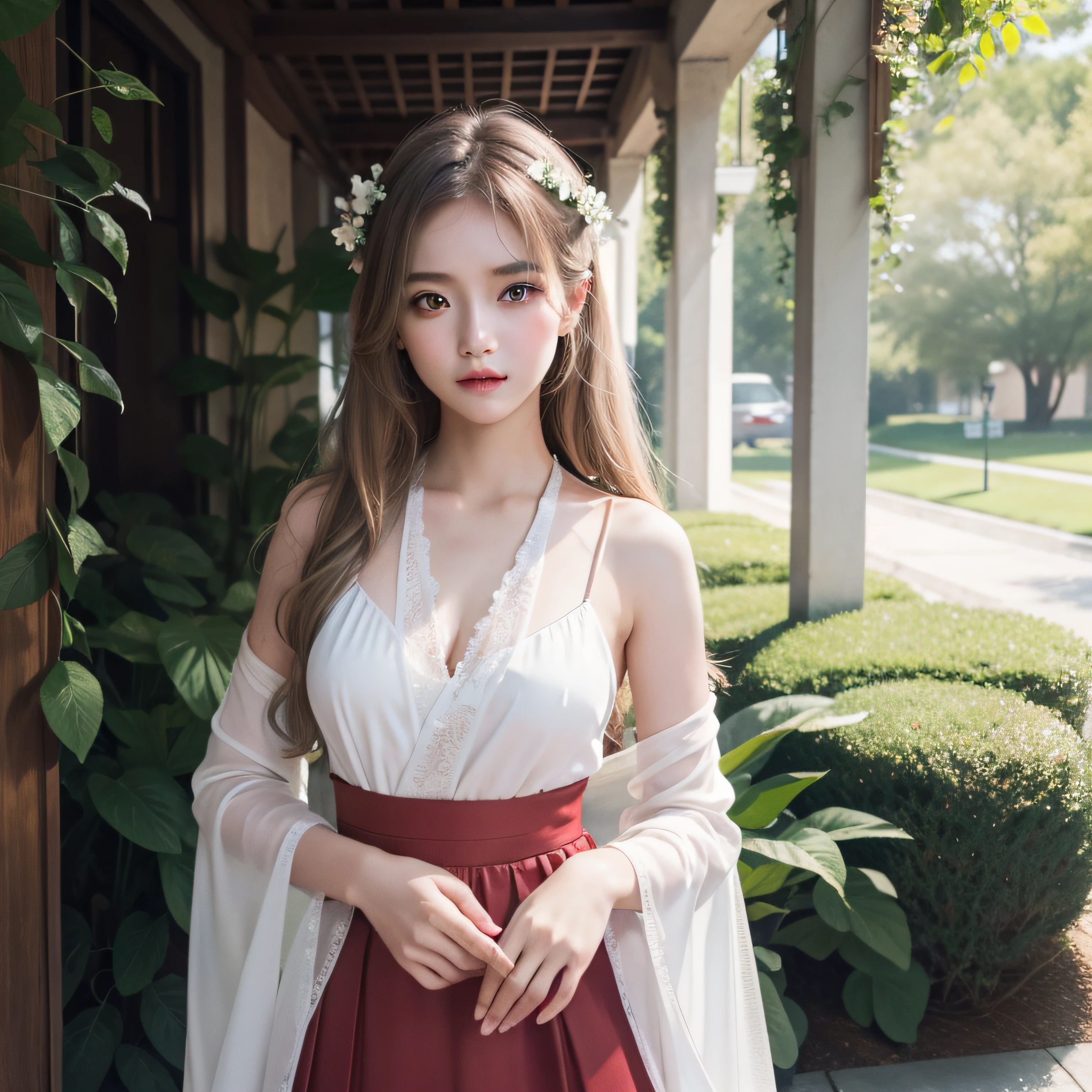 There is a girl in a green dress, clubs,palaces,oriental architecture ray tracing,{best qualtiy},{ {tmasterpiece}},Extremely detailed 8k wallpaper,{An extremely delicate and beautiful},coloured with lots of colour,intricately details,photorealestic,Realiy,Camera quality,(Carefully portray clothes),Cold white skin,(Carefully portray blush),1080p,suns,Soft cute,Smooth light silver hair,Messy beauty,lamplight,Sense of brokenness,The skin is shiny and silky,3D stereoscopic,tmasterpiece,The best quality,The illustrations are super detailed,beautidful eyes,Very delicate light,Fine luminescence,Very detailed 8k CG wallpaper,Peach blossom eyes,Red pupils,An extremely delicate and beautiful girl,8k wallpaper,best qualtiy,close-up all over the body,Green suspenders,Red skirt,White light gauze shawl,Luxuriously silky bright red chiffon overshine(illusion,glitters,Ultrathin,softness,)Hanfu