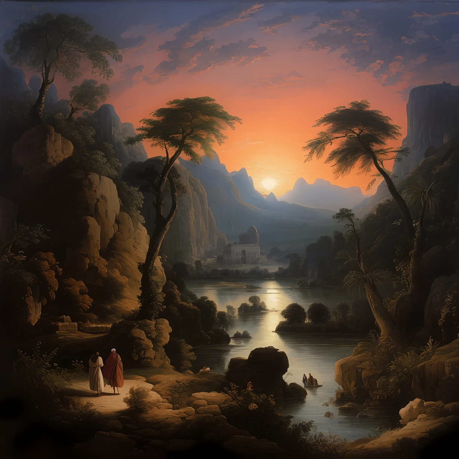 painting of a sunset scene with a couple walking along a river, romantic landscape, romanticism landscape painting, mystical scene, inspired by Alexander Nasmyth, inspired by François Joseph Heim, egyptian landscape, greek fantasy landscape, fantasy scene, sunset in a valley, inspired by Patrick Nasmyth, baroque landscape painting, by Friedrich Gauermann, inspired by Barbara Nasmyth