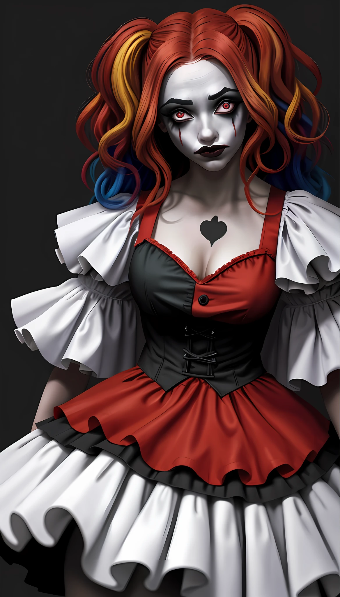Foto profissional de A (mulher holandesa:1.1),
She is wearing horror clown costume and she has very long colored hair,
pele detalhada, olhos detalhados, clown makeup made in blood detailed,
dentro da Arena de Circo Empoeirada,
volumetric fog, Volumetric dusts,
foto feita com Canon EOS em fotografia de estilo natural,
Popular no ArtStation, Popular no DeviantArt, Popular no Flicker