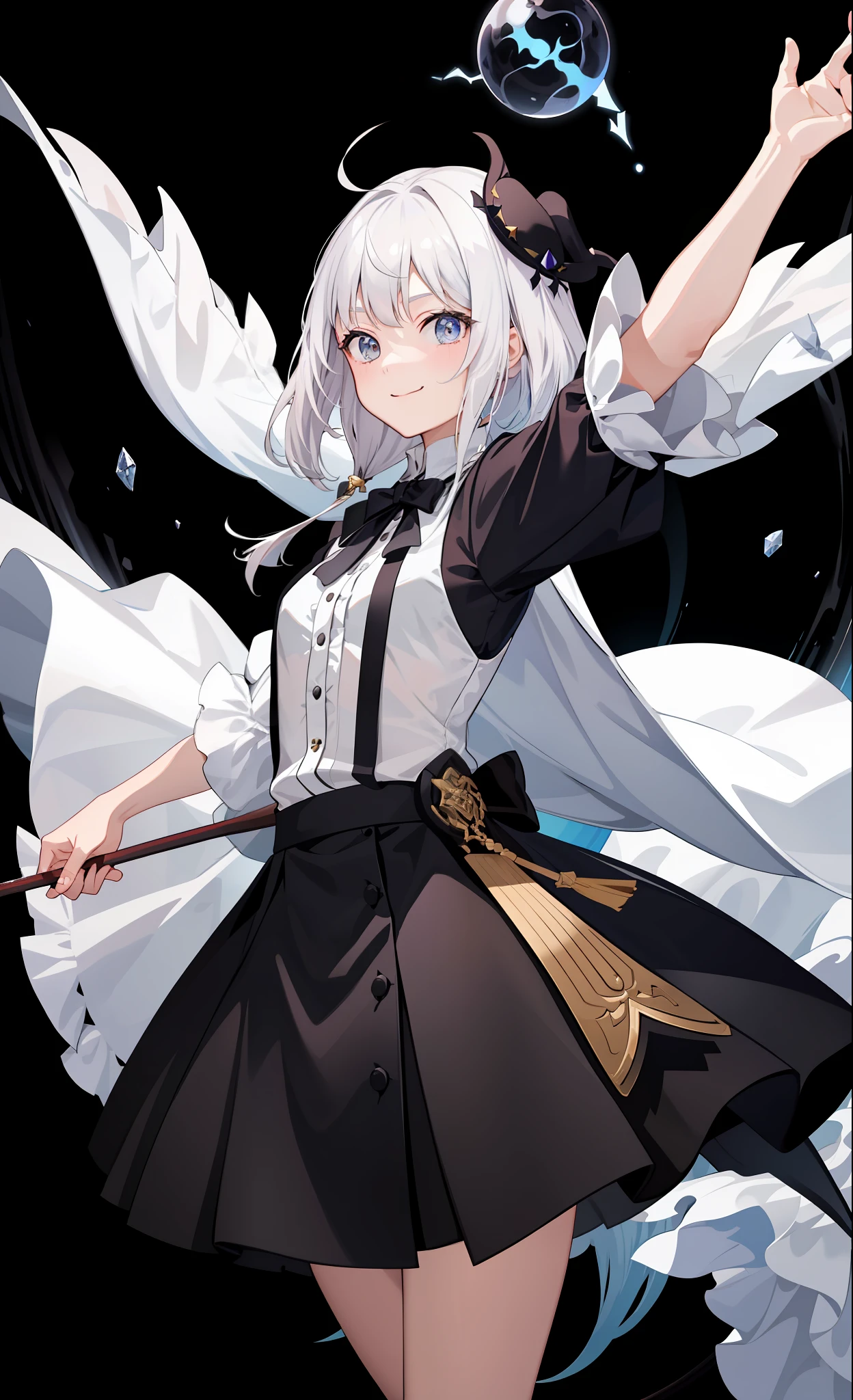 1girl in、A smile、The shirt、Blouse、skirt by the、（small tits）Chilarism、movement、Hats、cloaks、magic wands、Sorcerer、white  hair、