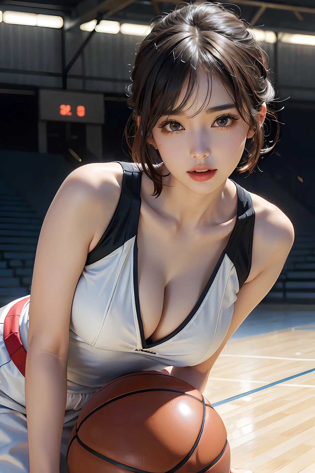 (RAW photos,4K,tmasterpiece,A high resolution,extremly intricate)(realisticlying:1.4),Cinematic lighting Delicate girl with facial features
1 Girl, Single focus, Summer noon, thermography, 1990's\(styled\),White skin,(Bigchest,cleavage), (Best quality), (A high resolution), (An extremely delicate and beautiful),,(Beautiful 8k face),(Brown eyes),(Ulzzang-6500:1.0),(Solo),(side looking),(Spectators),(Large breasts),(NBA),bent over,,side looking,(Side), ,(Basketball sportswear),((Play basketball)),((gymnasium)),((Speed)),(reality),(jiayi:1.5), closeup cleavage, tmasterpiece, best qualtiy, RAW photogr, realisticlying, the face, Incredibly Ridiculous res, beuaty girl, adolable, short detailed hair, depth of fields, A high resolution, ultra - detailed, finedetail, The is very detailed, Extremely detailed eyes and face, Sharp pupils, realistic pupil, tack sharp focus, cinmatic lighting