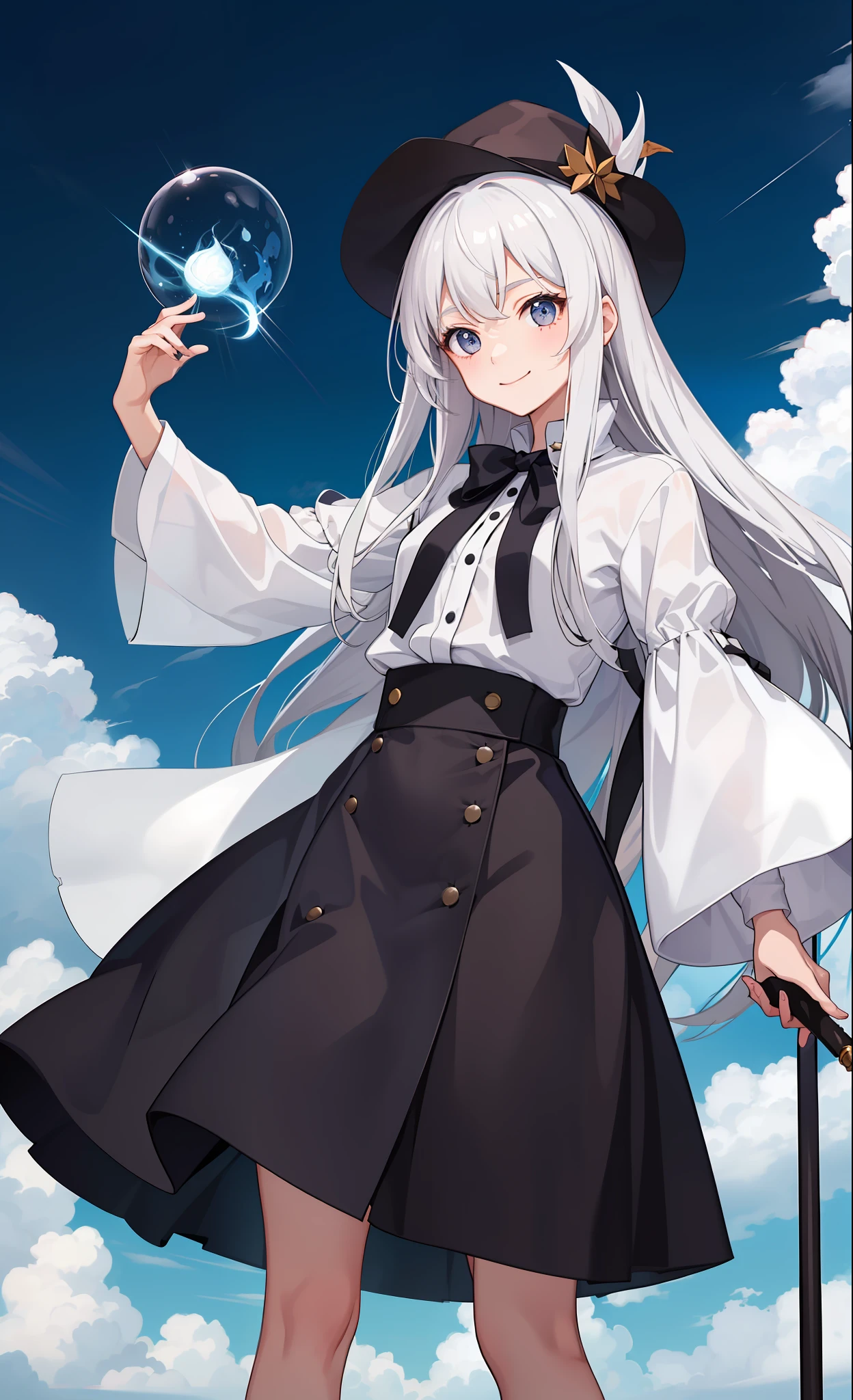 1girl in、A smile、The shirt、Blouse、skirt by the、(small tits)Chilarism、movement、Hats、cloaks、magic wands、Sorcerer、white hair、