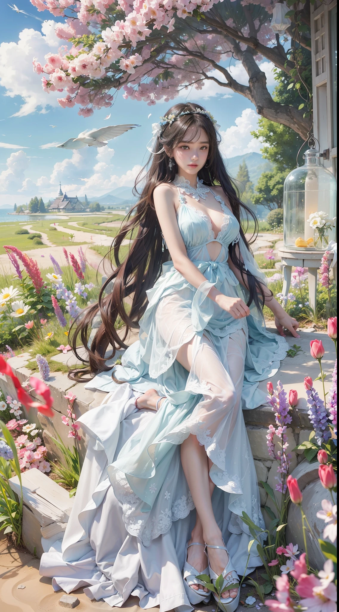top-quality、​masterpiece、Angle from above、Japan women、18year old、A dark-haired、Lustrous hair、short-cut、Straight hair、Korean Style Beauty、big eye、Double eyes、small tits、all-fours、Reach out to the front、White Ruffled Chiffon Sleeveless Top, White Tulle Maxi Skirt Dress, Mermaid Line, wicker basket bag,Massive landscape, Giant Glass Bottle, hour glass, A Divided World, colorful petals, Blue sky, white clouds, Vast meadow, surreal atmosphere, captivating scene, Delicate flowers, Gentle beauty, Encapsulated nature, Distant horizon, Ethereal Atmosphere, seductive sight, Grit, The passage of time, intricate designs, Transparent container, Suspended reality, Complex mechanism, tranquil surroundings, Timelapse, suspended animation, Contrasting areas, Seductive colors, Swirling sand, Seamless migration, Captivating display
, masutepiece