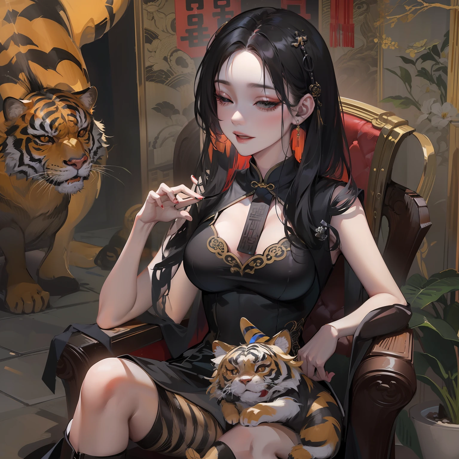 30-year-old woman with、Closing your eyes、A slight smil、Long Black Hair、Black cheongsam、chineseidol、mafia boss、brutality、Bewitching、terrifying、Glamorous、Underworld、Yakuza、China at night、Vanity fair、baddest、Proud、Sitting on a throne、Tigres