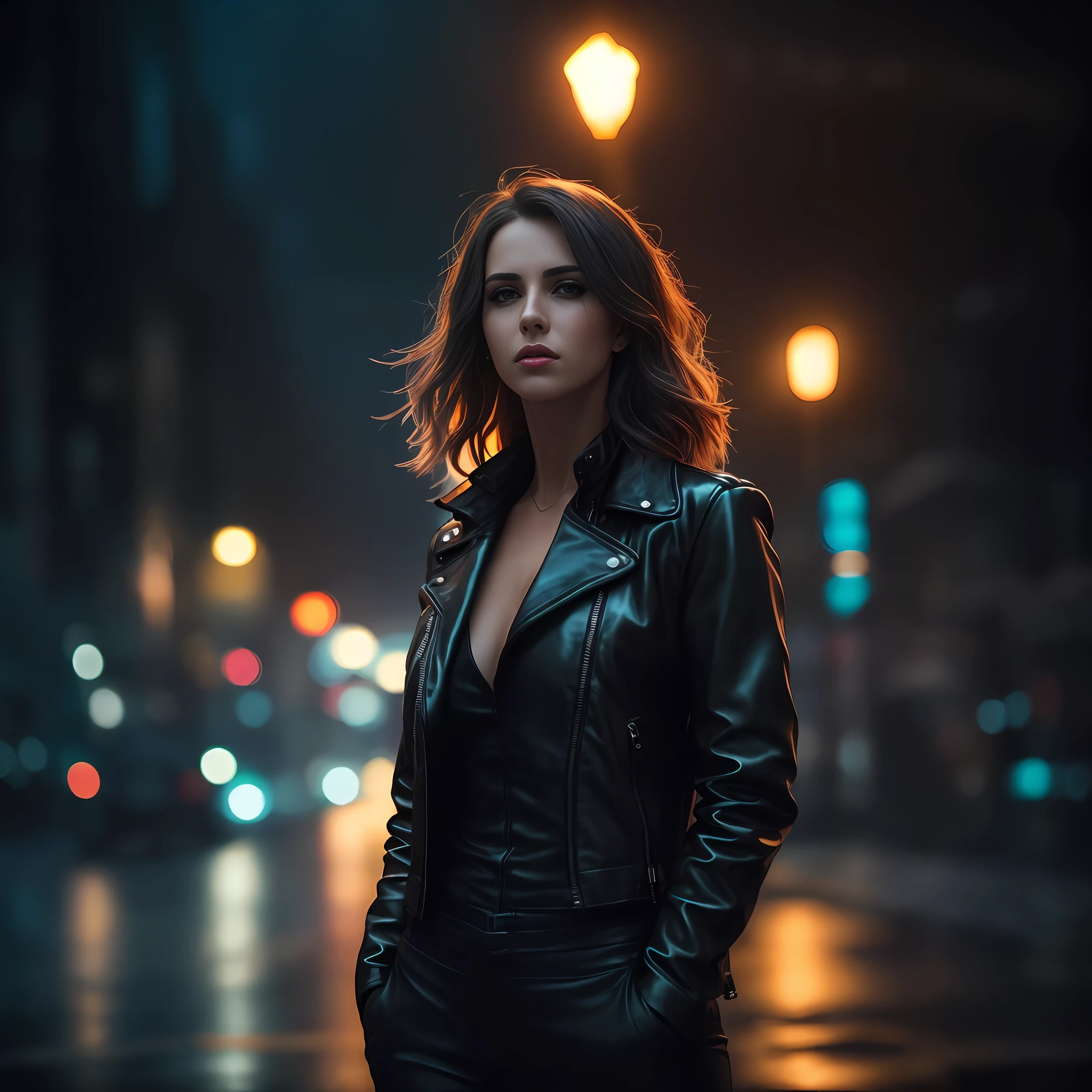 Woman in a black leather jacket standing on a wet street, cinematic moody lighting, cinematic lighting at night, cinematic moody lighting, city street cinematic lighting, cinematic portrayal, great cinematic lighting, Retrato tirado 8 K, bokeh top cinematic lighting, cinematic lighting photography, gorgeous cinematic lighting, cinematic lighthing, cinematic shot epic portraits, foto retrato suave 8 k
