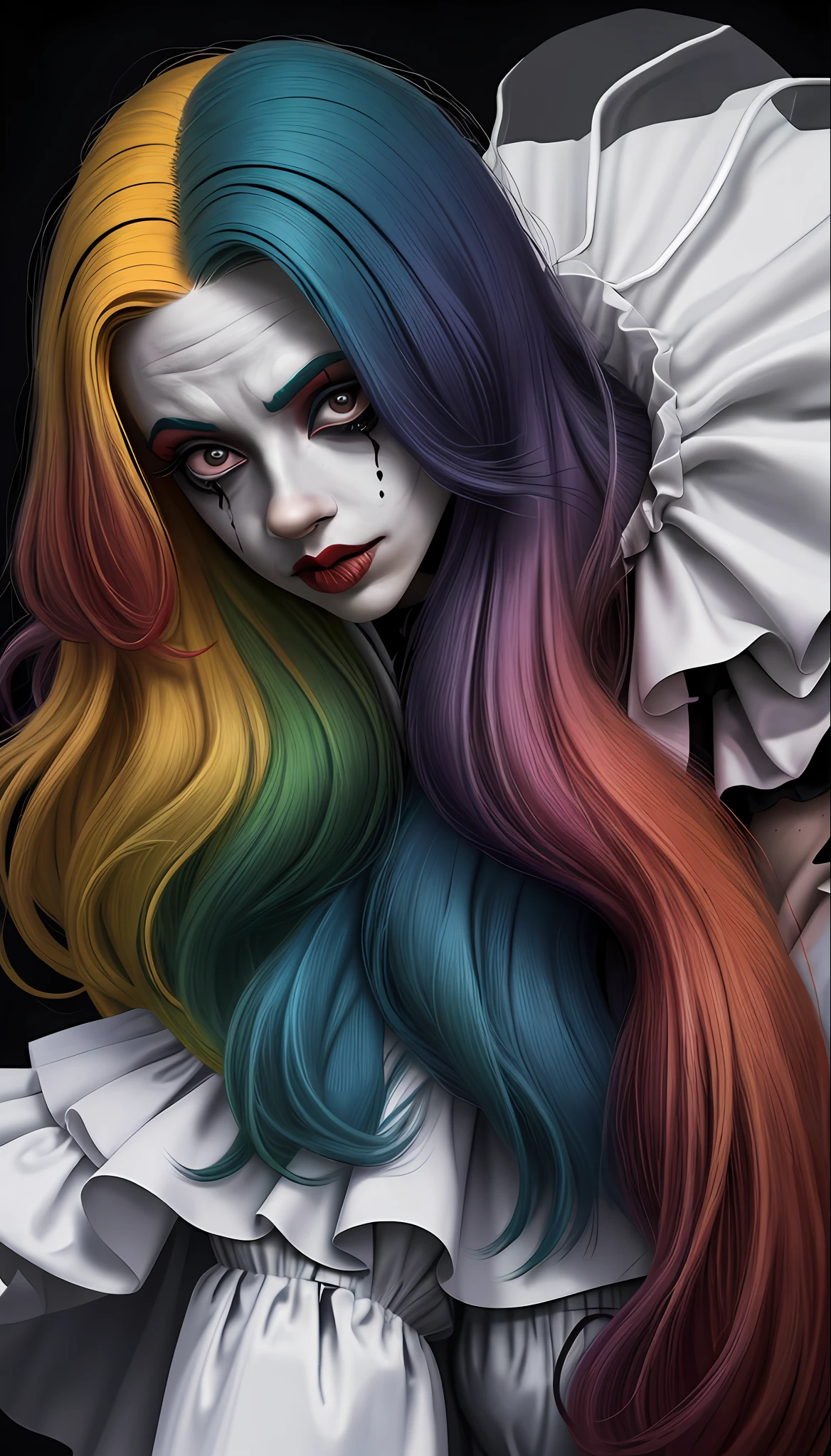 Foto profissional de A (mulher holandesa:1.1),
She is wearing horror clown costume and she has very long colored hair,
pele detalhada, olhos detalhados, clown makeup made in blood detailed,
dentro da Arena de Circo Empoeirada,
volumetric fog, Volumetric dusts,
foto feita com Canon EOS em fotografia de estilo natural,
Popular no ArtStation, Popular no DeviantArt, Popular no Flicker