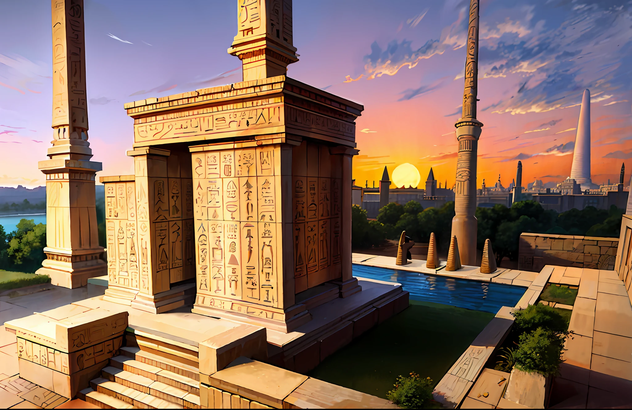 Magnificent ancient Egyptian-style temple，Ancient Egyptian temples，Ancient Egyptian temples，obelisk，Nile River，setting sun，epic sense，Sense of grandeur
