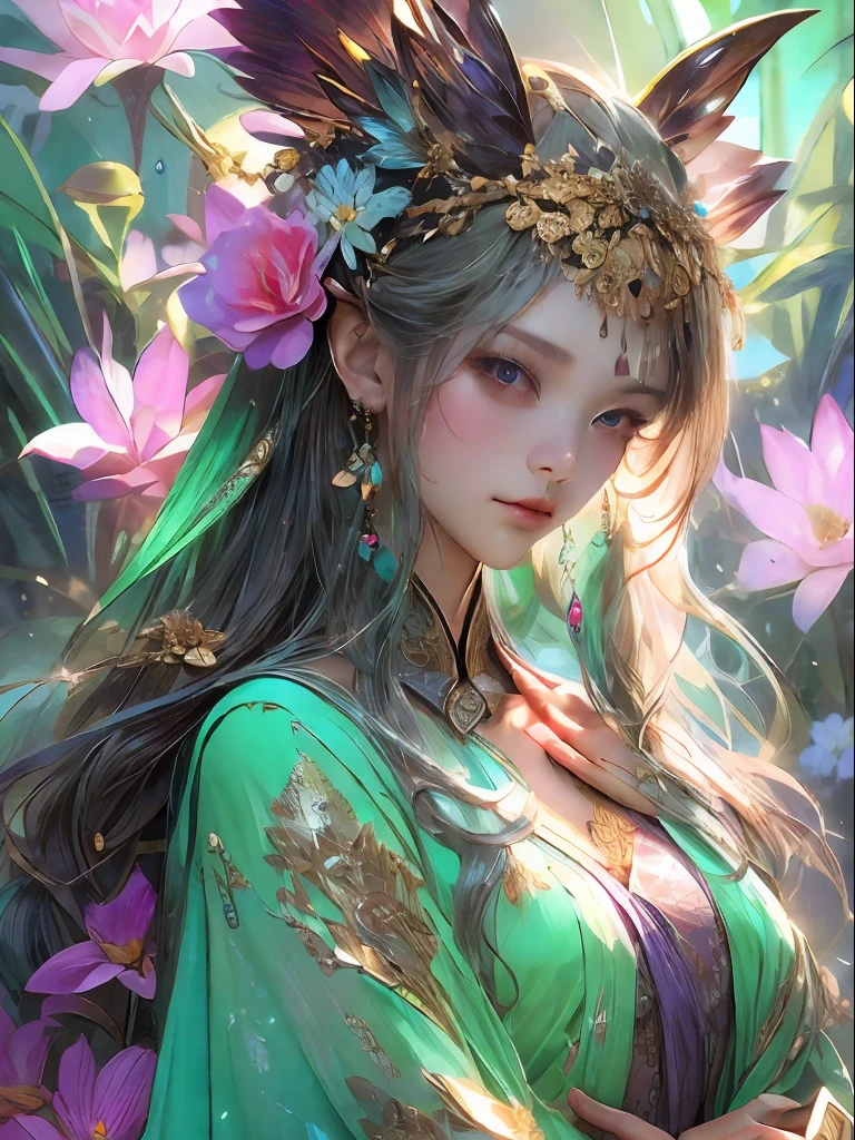 HighestQuali，tmasterpiece：1.2，Detailed details，4K，fairy woman with 4 size chest, with hairstyles and flowers, in the style of influenced by ancient chinese art, subtle realism, he jiaying, dark white and dark aquamarine, Elaborate costumes, Beautiful, with golden brown, purpleish color, dimpled chest, multilayered realism