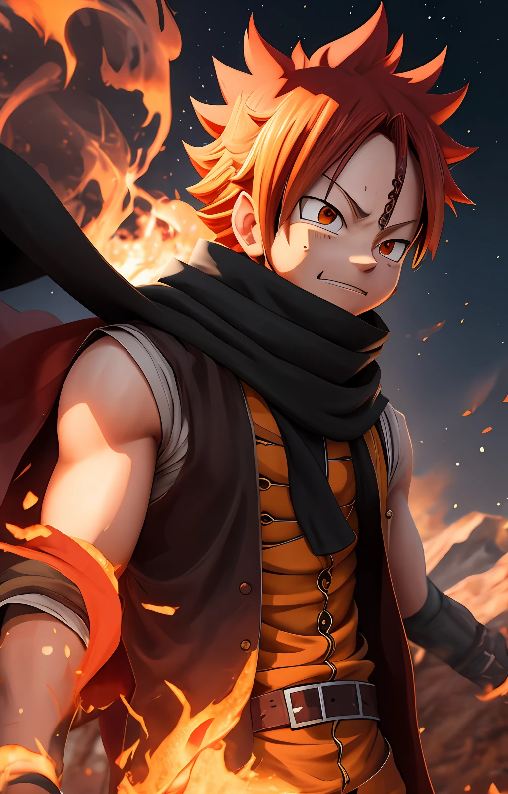 (((1boy, (natsu_dragneel:1.2), scarf, sleeveless, black eyes, fire, arm up,))) default_outfit, standing,  looking_at_viewer, solo, male_focus, Cowboy_shot,  close up portrait, outdoors, (night, dark:1.25), street, (darkestdiffusion style:0.6), (evreka15 style:0.6), best quality, absurdres, highres, (original), (extremely detailed wallpaper), 8k, (color), (trending on artstation, cgsociety, pixiv:0.85), highly detailed, (coherent:1.5), (beautiful composition:1.2),  (dynamic lighting), (intricate:1.15), (symmetrical:1.1), (hd:1.25), (masterpiece:0.9), (by atey ghailan and anton fadeev:0.9), [light_rays], moon,  (blurry_background, depth of field:0.5), 
Official_Art,