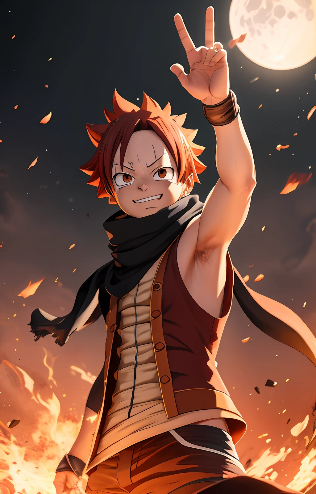 (((1boy, (natsu_dragneel:1.2), scarf, sleeveless, black eyes, fire, arm up,))) default_outfit, standing,  looking_at_viewer, solo, male_focus, Cowboy_shot,  close up portrait, outdoors, (night, dark:1.25), street, (darkestdiffusion style:0.6), (evreka15 style:0.6), best quality, absurdres, highres, (original), (extremely detailed wallpaper), 8k, (color), (trending on artstation, cgsociety, pixiv:0.85), highly detailed, (coherent:1.5), (beautiful composition:1.2),  (dynamic lighting), (intricate:1.15), (symmetrical:1.1), (hd:1.25), (masterpiece:0.9), (by atey ghailan and anton fadeev:0.9), [light_rays], moon,  (blurry_background, depth of field:0.5), 
Official_Art,
