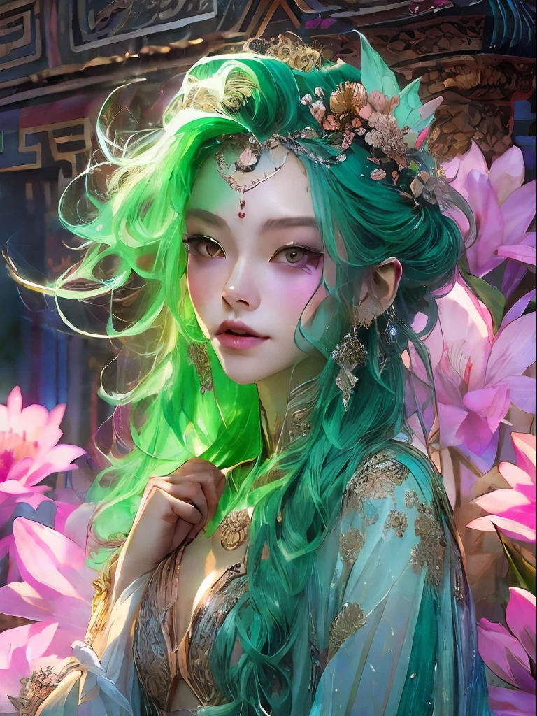 HighestQuali,tmasterpiece:1.2,Detailed details,4K,fairy woman with 4 size chest, with hairstyles and flowers, in the style of influenced by ancient chinese art, subtle realism, he jiaying, dark white and dark aquamarine, Elaborate costumes, Beautiful, with golden brown, purpleish color, dimpled chest, multilayered realism
