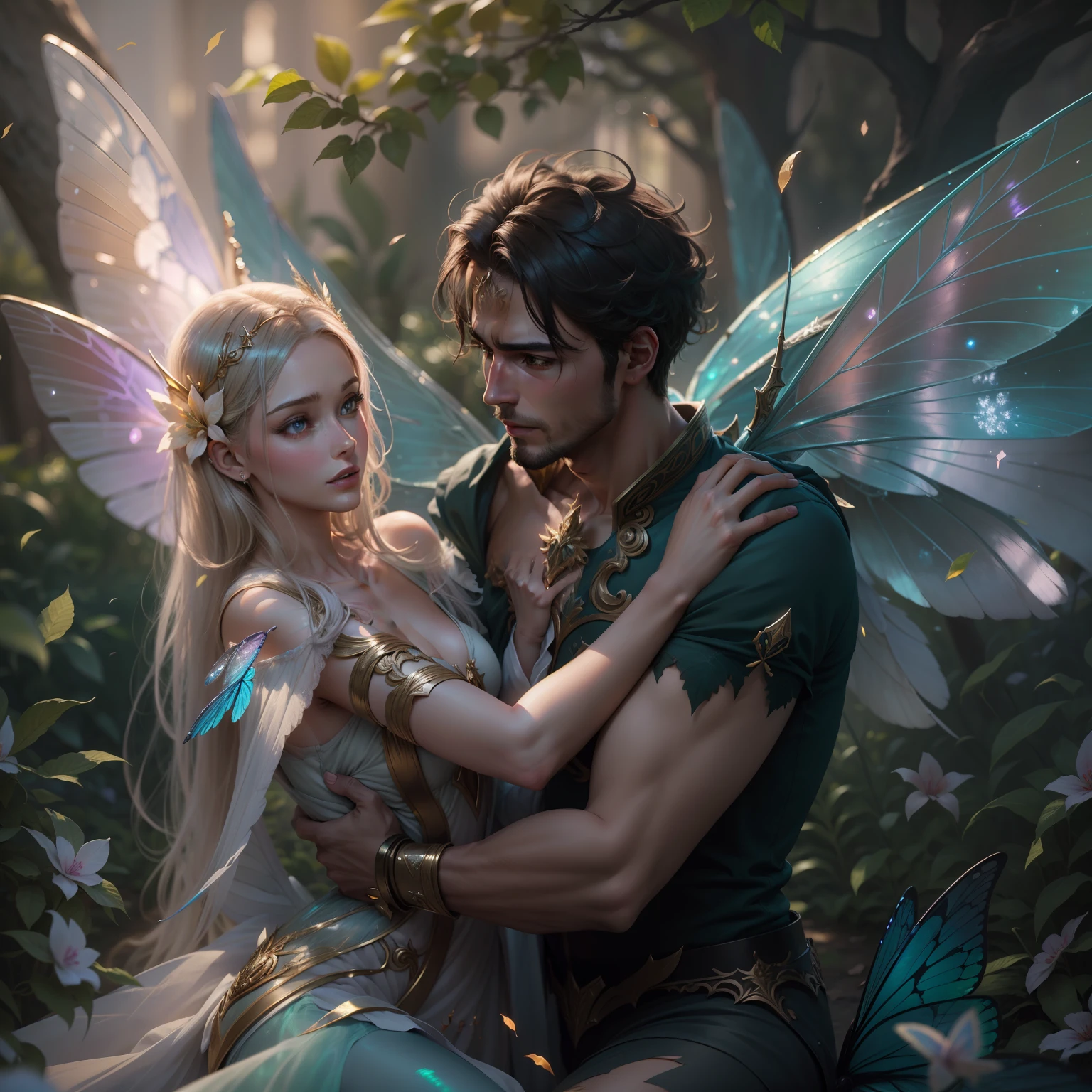 Hyper-realistic depiction of a stunningly beautiful fairy with iridescent wings aiding an injured and handsome man, causing them to fall in love.