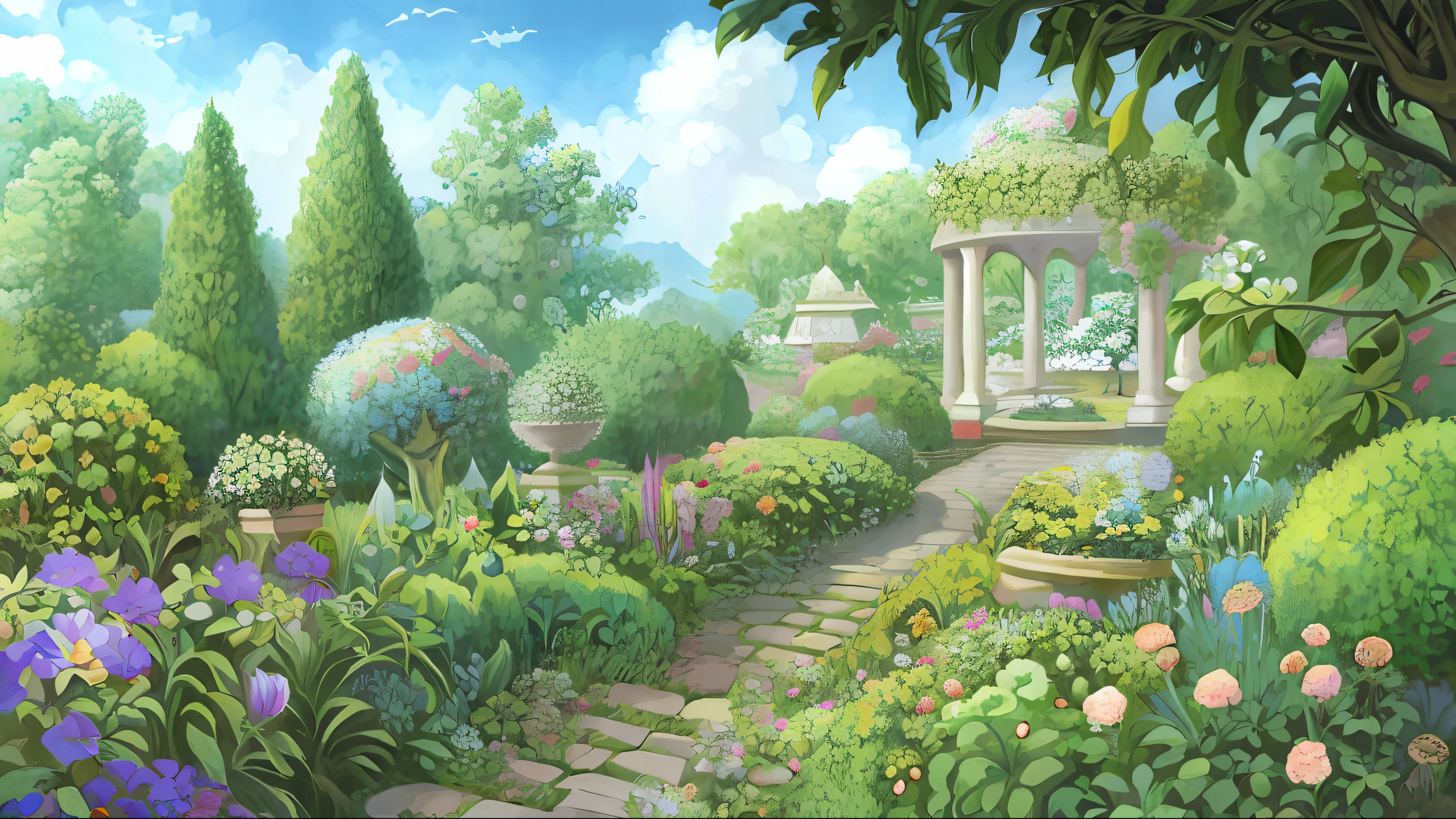 There is a painting of a garden，Inside there are flowers and a gazebo, royal garden background, Garden background, Anime background art, background artwork, arte de fundo, Realistic garden, floral environment, palace background, Detailed scenery —width 672, landscape artwork, Park background, scenery art detailed, Garden landscape, royal garden landscape, Anime landscape concept art, garden environment