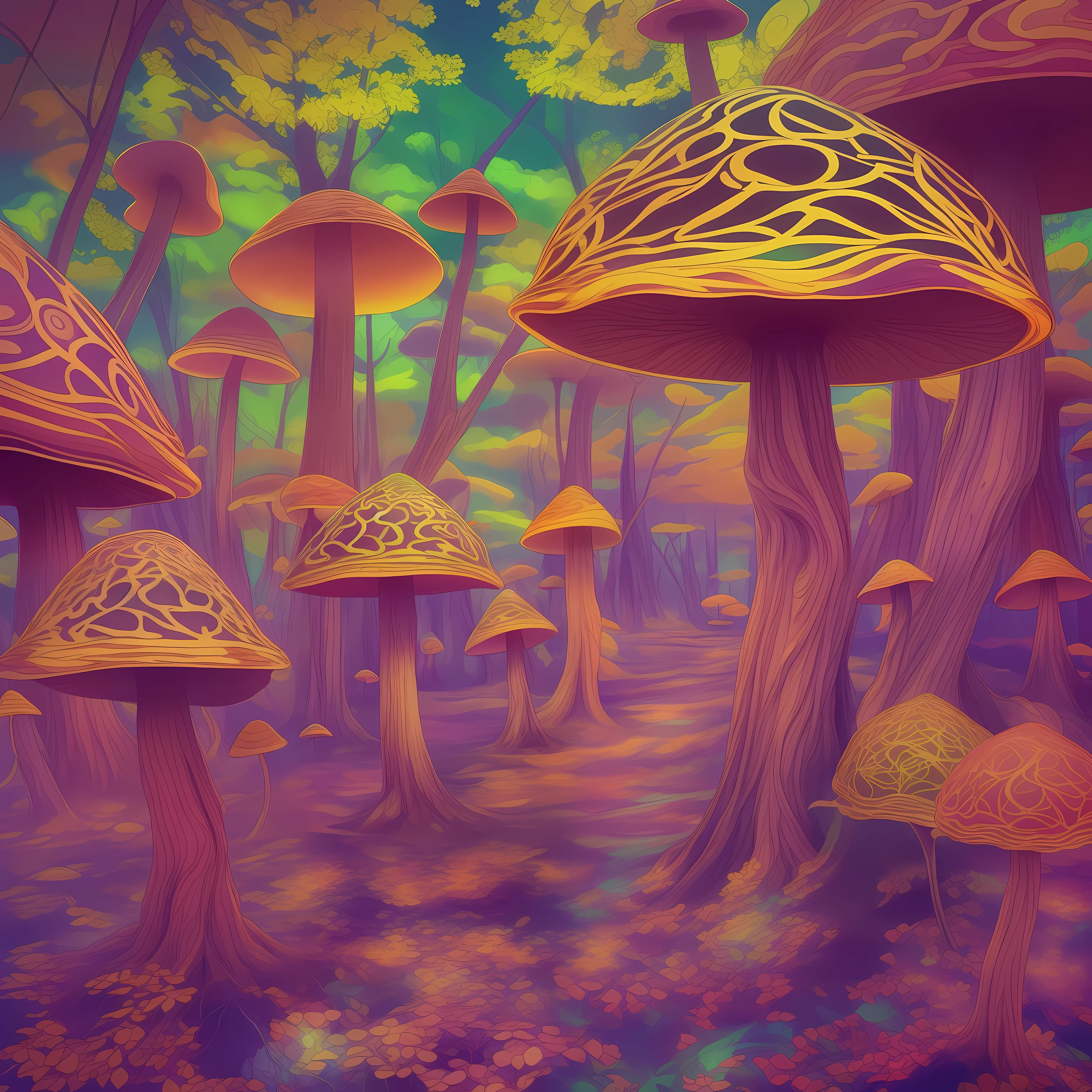 As the mushrooms take hold, the scenery around me begins to come alive. The trees seem to breathe, swaying and swirling in a gentle rhythm. Their bark transforms into an intricate tapestry of shapes and symbols, etched as if by an unseen hand. The ground underfoot ripples like water, patterns of light dancing across its surface. Looking up, the sky is ablaze with color, clouds morphing into fantastical creatures that blink and change as I watch. The sunlight takes on a liquid quality, beams of radiance pouring over everything and saturating the world with an unearthly glow. Every leaf and blade of grass stands out in sharp focus, intricately veined and tinged with rainbow hues. Kaleidoscopic geometric shapes overlay everything I see, intricate mandalas and fractals cascading across my field of vision. The colors are so vibrant they seem to resonate, as if I'm hearing them with my eyes. I feel immersed in the natural beauty all around me, senses blending together until I can't tell anymore where my body ends and the world begins. The line between reality and hallucination blurs, ordinary objects taking on a magical dream-like quality. Even as I marvel at it all, I have a sense that I'm glimpsing the deeper truths within and behind the ordinary world of appearances.