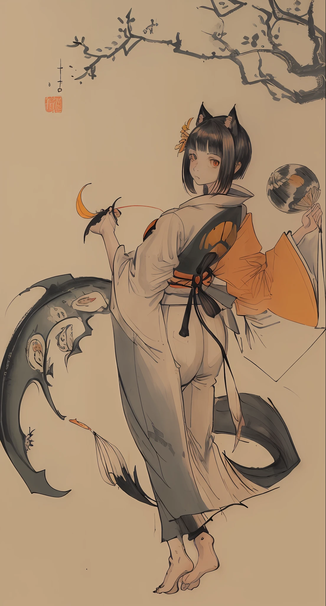gato gigante,in a Japanese hallway, lua cheia ,laranja,bonito,lanternas japonesas, papel de parede,olhos grandes,obra-prima,lua cheia,melhor qualidade, desenho