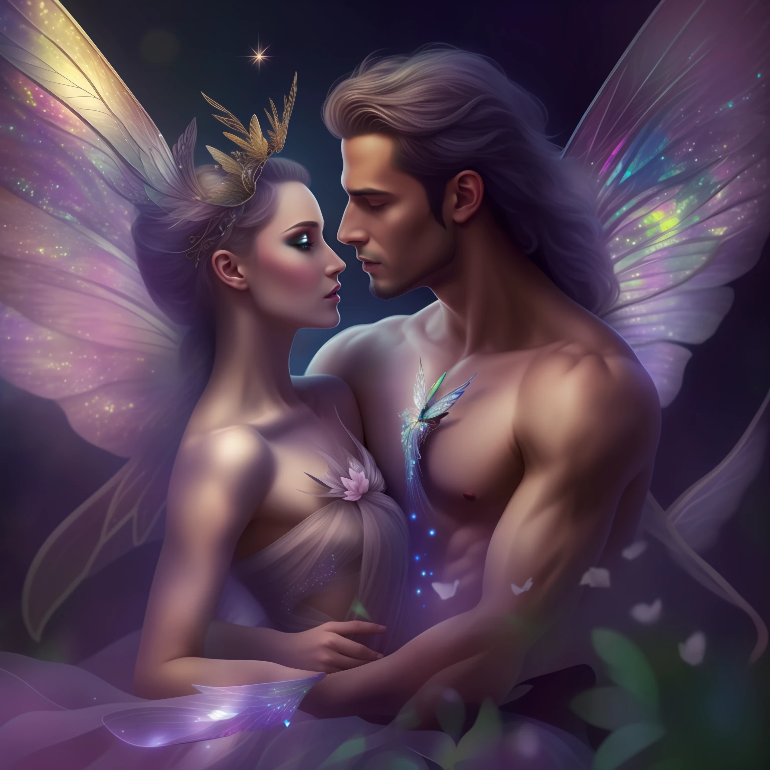Hyper-realistic depiction of a stunningly beautiful fairy with iridescent wings aiding an injured and handsome human man, causing them to fall in love.