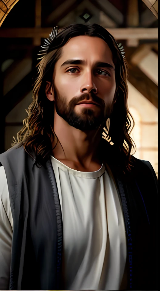 add_detail:1, realistic image of Jesus Christ, add_detail:light and distant light from heaven above the head