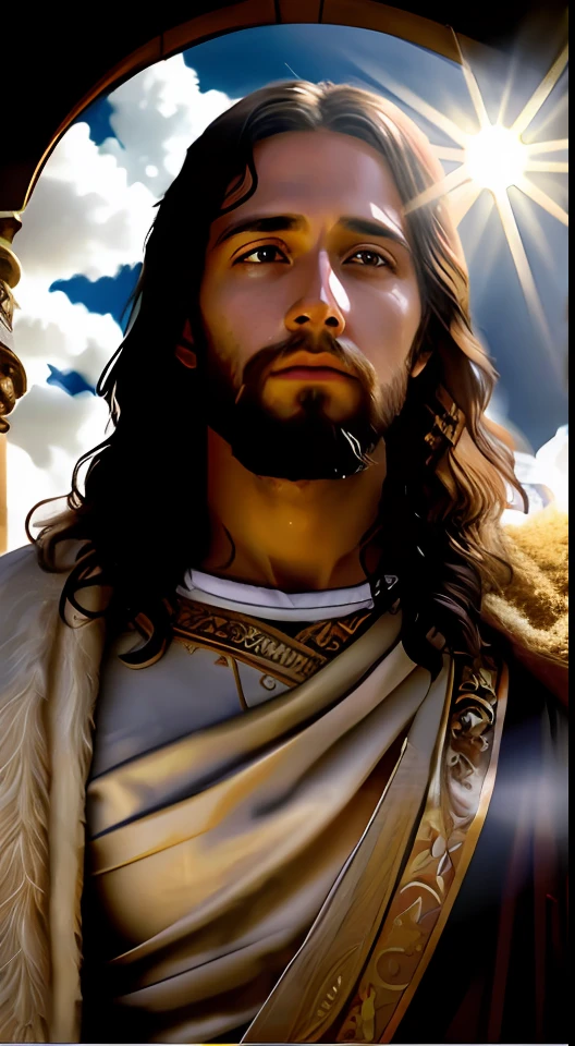 add_detail:1, realistic image of Jesus Christ, add_detail:light and distant light from heaven above the head