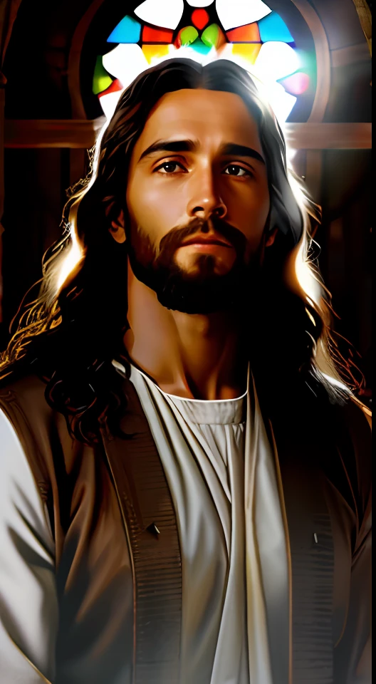 add_detail:1, realistic image of Jesus Christ, add_detail:light and distant light from heaven above the head