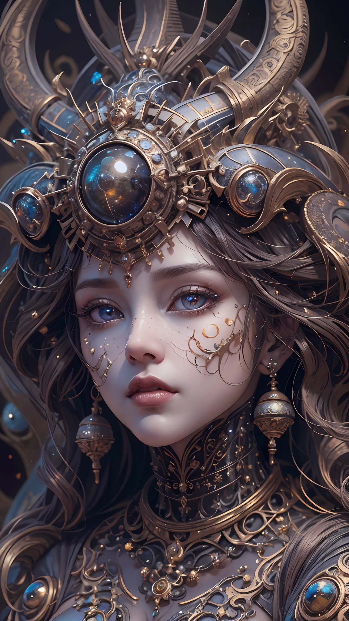 （best qualtiy，ultra - detailed，Most Best Illustration，Best shadow，tmasterpiece，A high resolution，professionalartwork，famousartwork），Detailed eyes，beautidful eyes，closeup cleavage，sci-fy，colored sclera，Robot eyes，face markings，Tattooed with，（fractalized，Fractal eyes），largeeyes，Wide eyes，（Eye focus），sface focus，Cosmic eyes，Space eyes，Close-up of metal sculpture of a woman with a moon in her hair，goddes。extremly high detail，3 d goddess portrait，Extremely detailed footage of the goddess，a stunning portrait of a goddess，Side image of the goddess，portrait of a beautiful goddess，Full body close-up portrait of the goddess，hecate goddess，portrait of a norse moon goddess，goddess of space and time